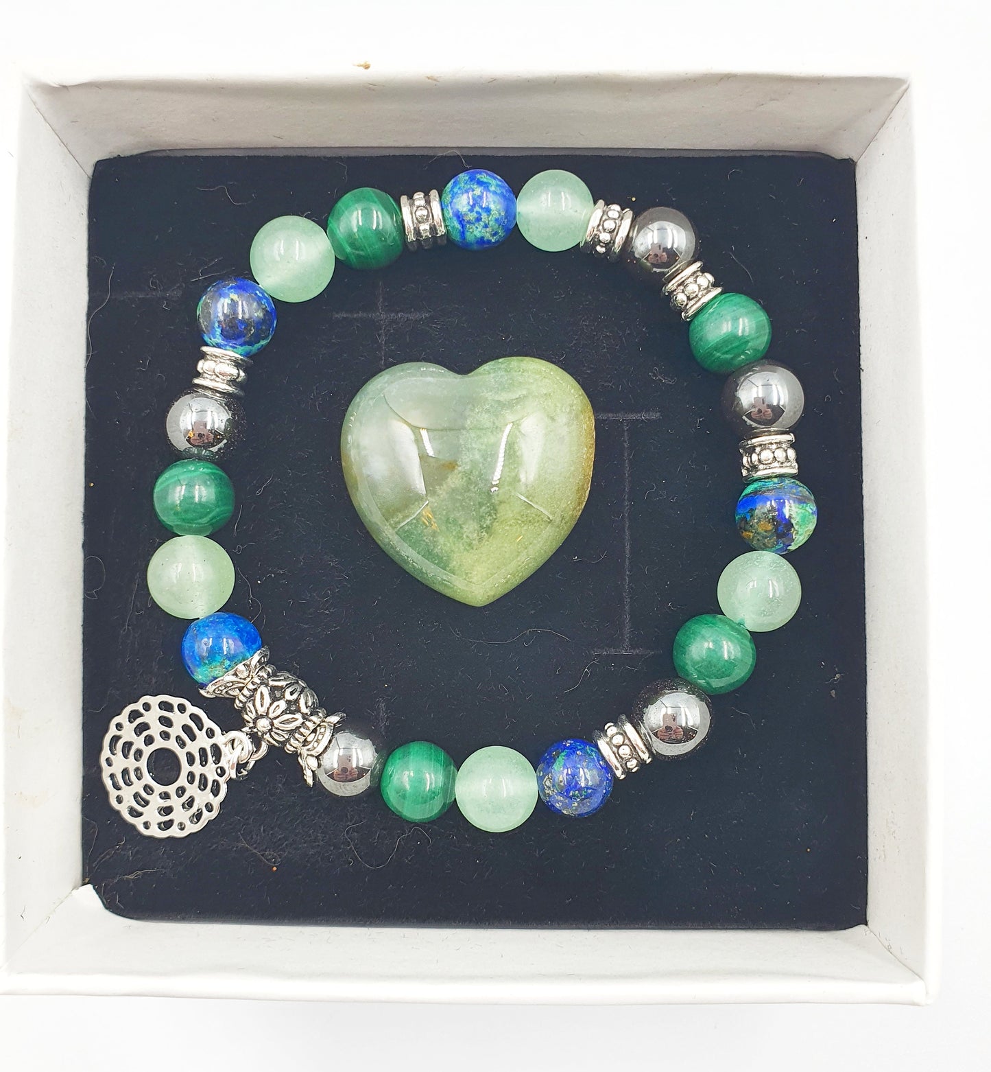 Eczema Relief Support Crystal Healing Bracelet with Chakra Charm (Azurite, Malachite, Hematite and Green Aventurine) - Custom sizes Avail.