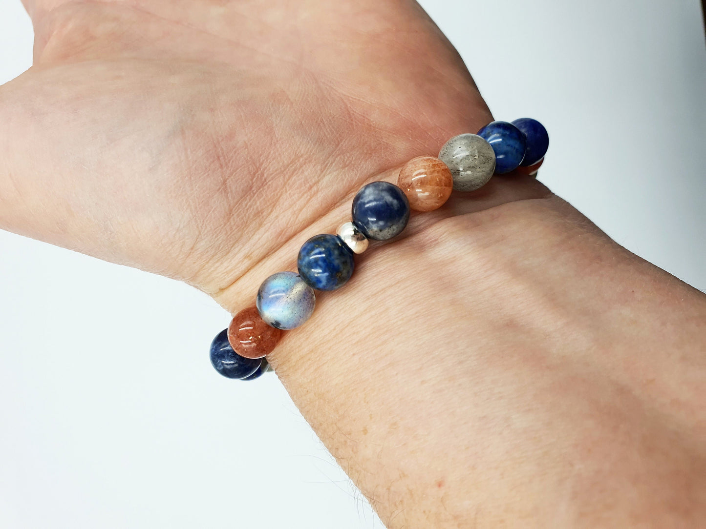 Happiness Booster Support Crystal Healing Bracelet with Chakra Charm (Lapis Lazuli, Sunstone, Sodalite and Labradorite)