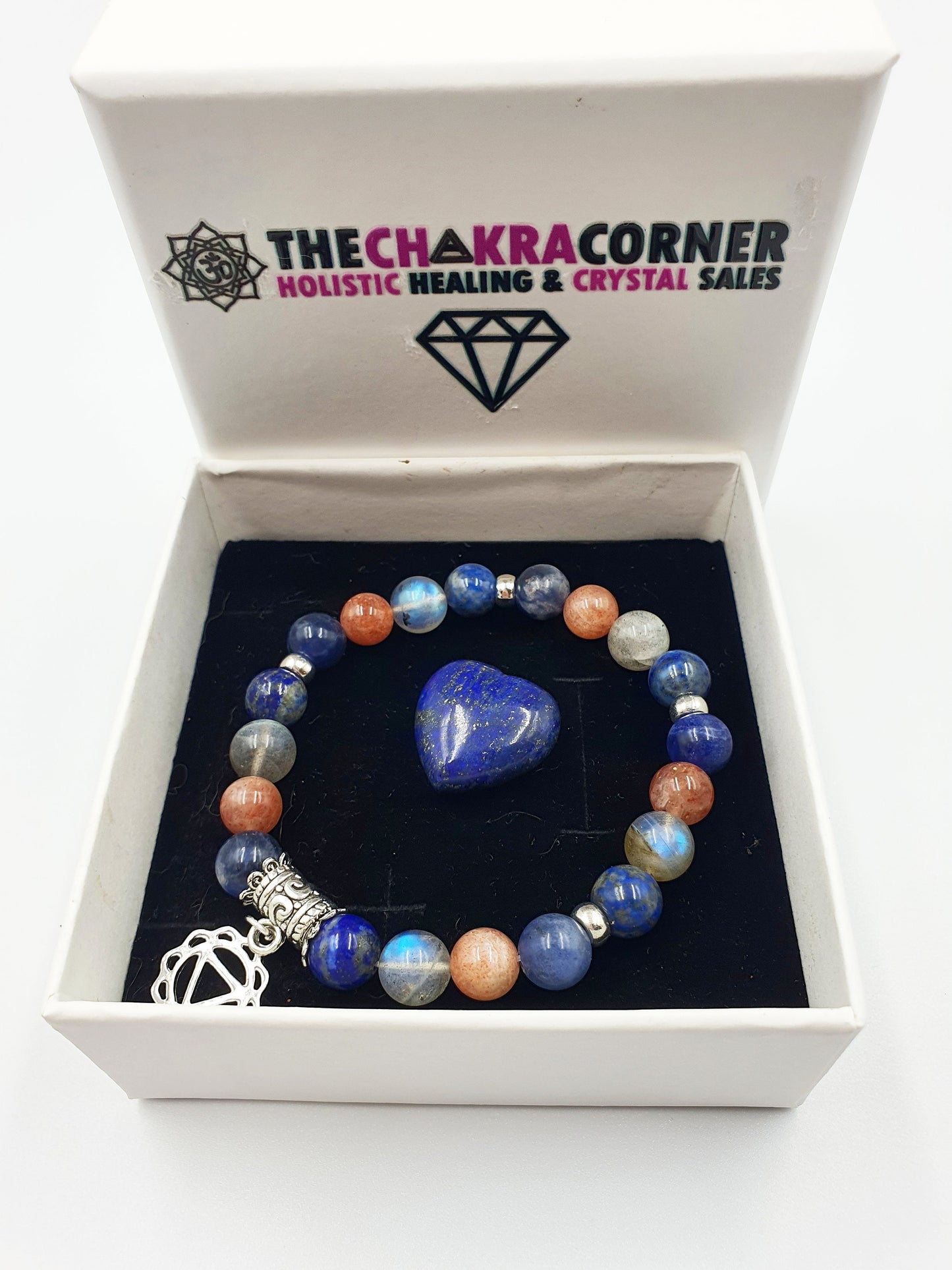 Happiness Booster Support Crystal Healing Bracelet with Chakra Charm (Lapis Lazuli, Sunstone, Sodalite and Labradorite)