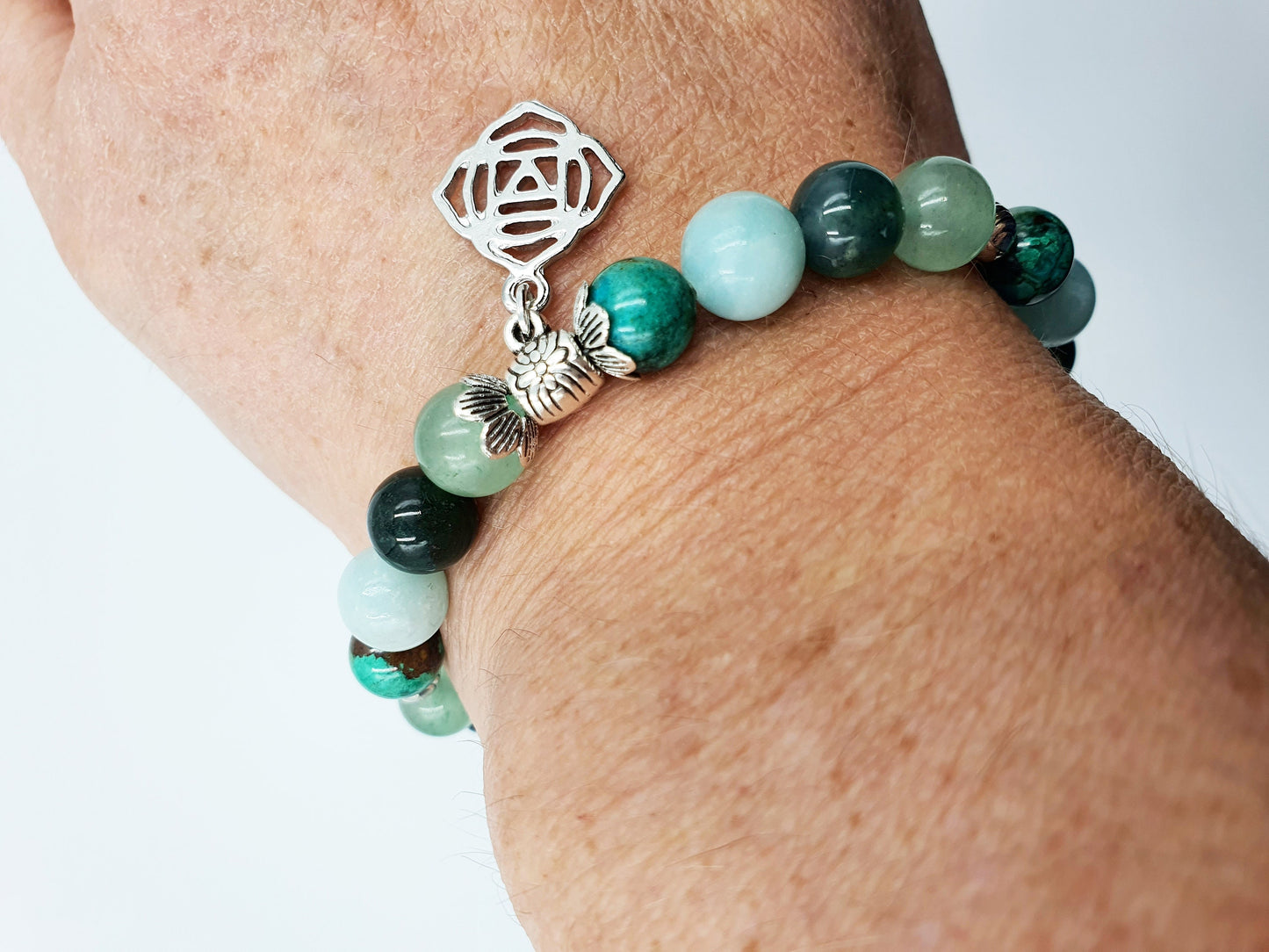 Depression and Anxiety Support Crystal Healing Bracelet with Chakra Charm (Turquoise, Moss Agate, Calcite and Green Aventurine)