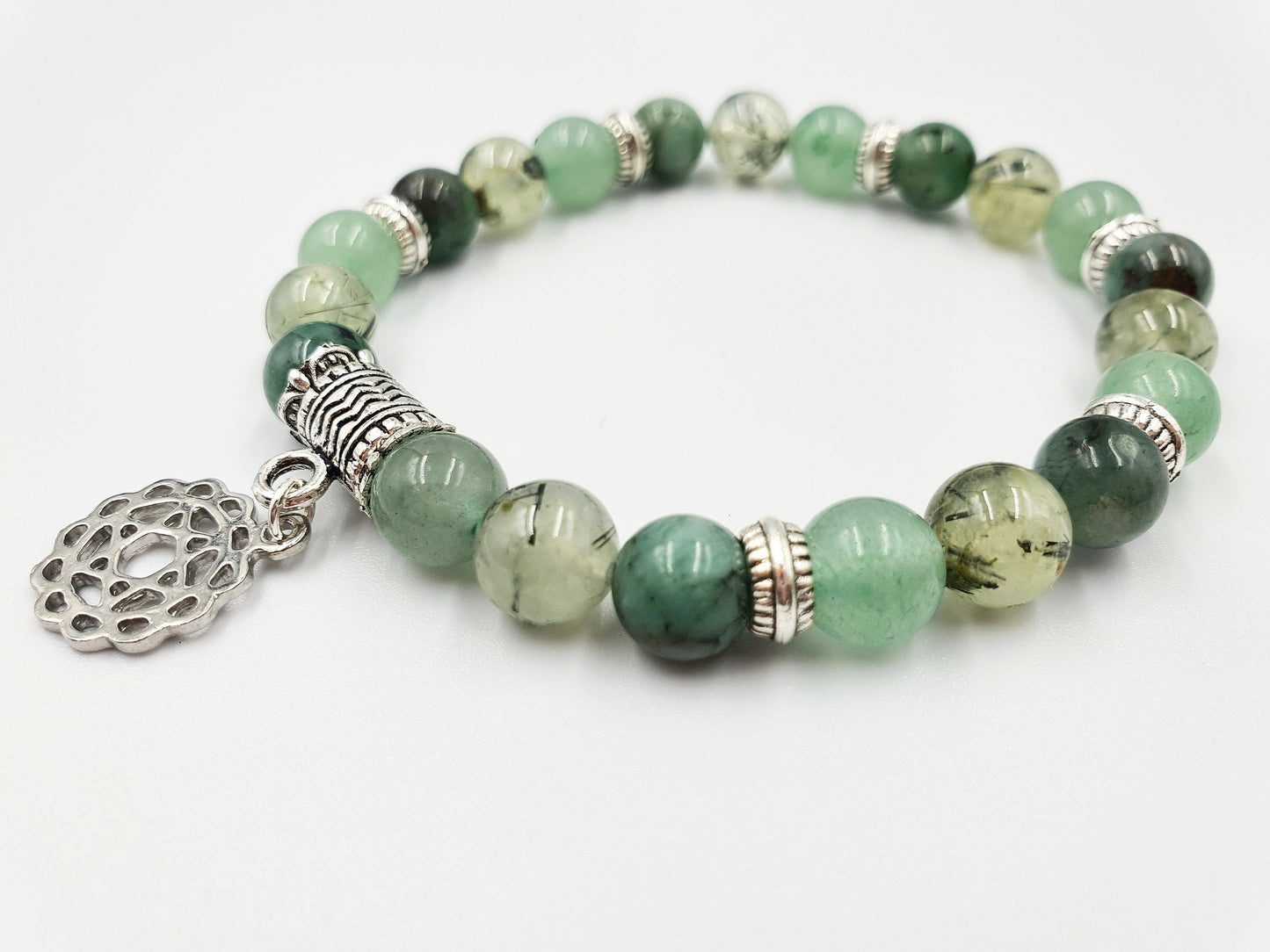 Lung Health Support Crystal Healing Bracelet with Chakra Charm (Emerald, Prehnite and Green Aventurine)