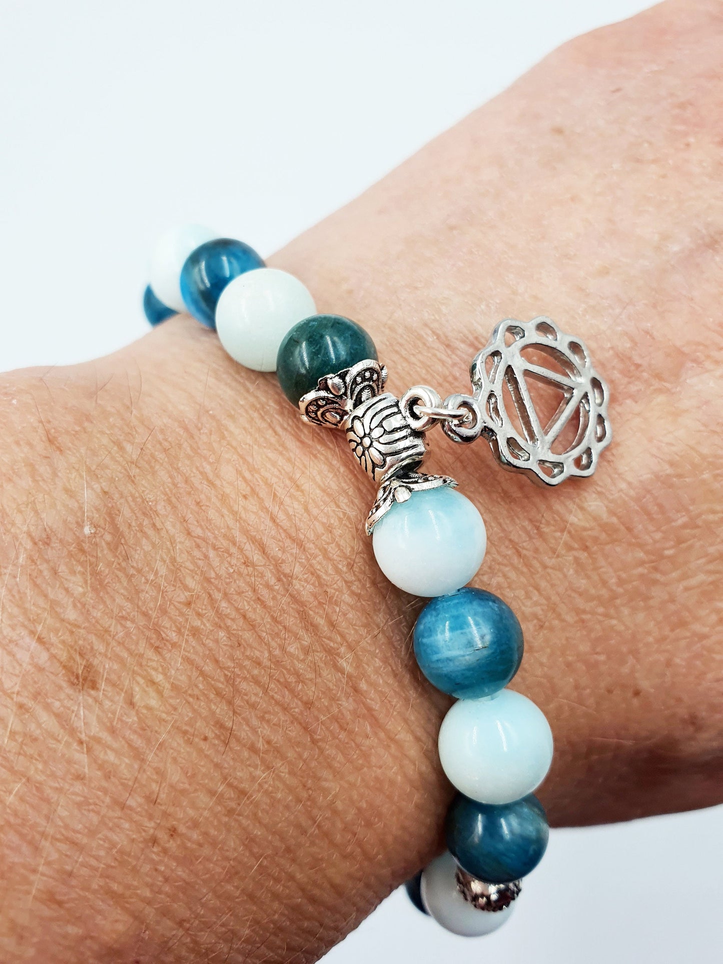 Exhaustion Support Crystal Healing Bracelet with Chakra Charm (Blue Apatite and Hemimorphite)
