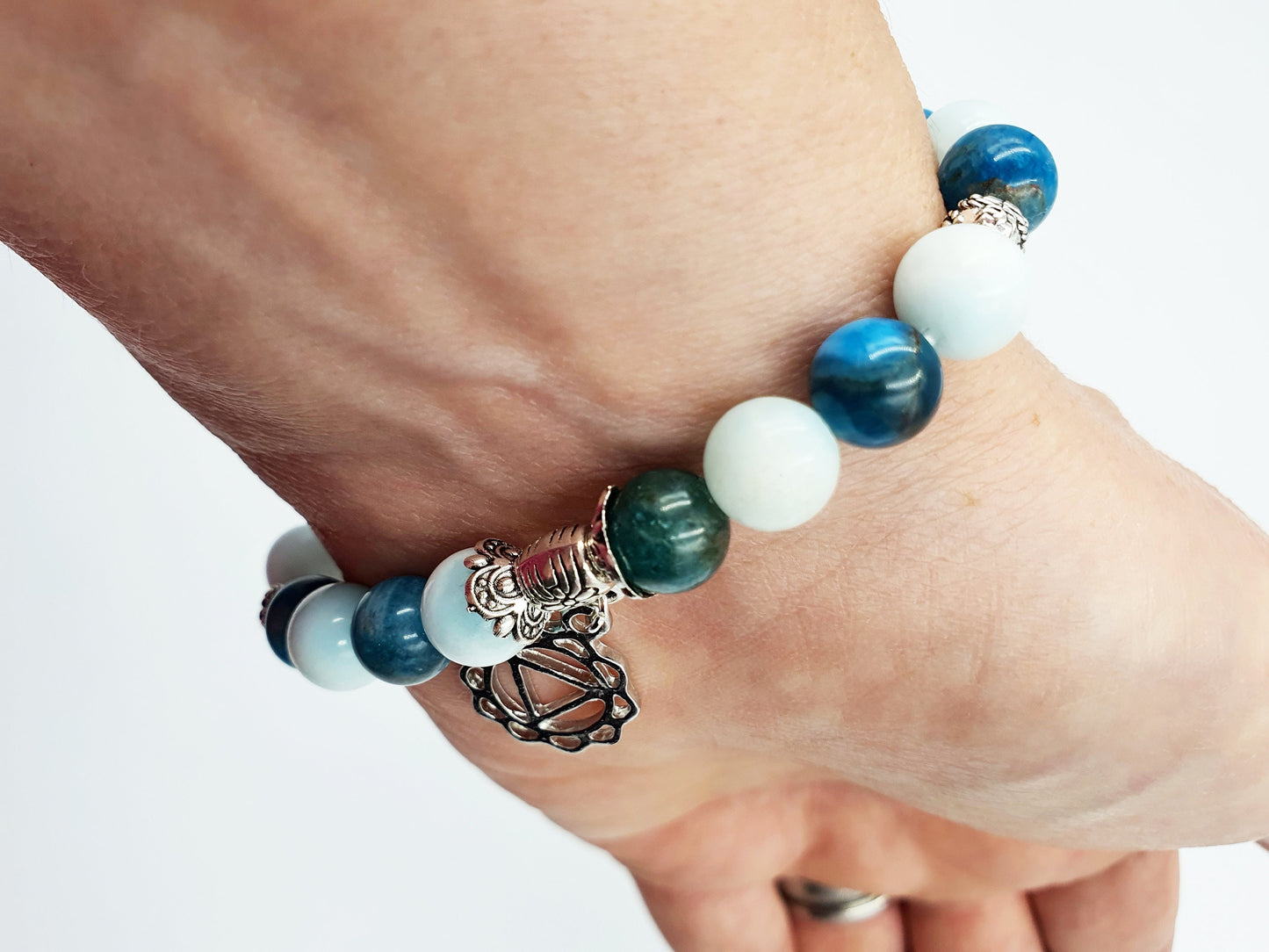 Exhaustion Support Crystal Healing Bracelet with Chakra Charm (Blue Apatite and Hemimorphite)