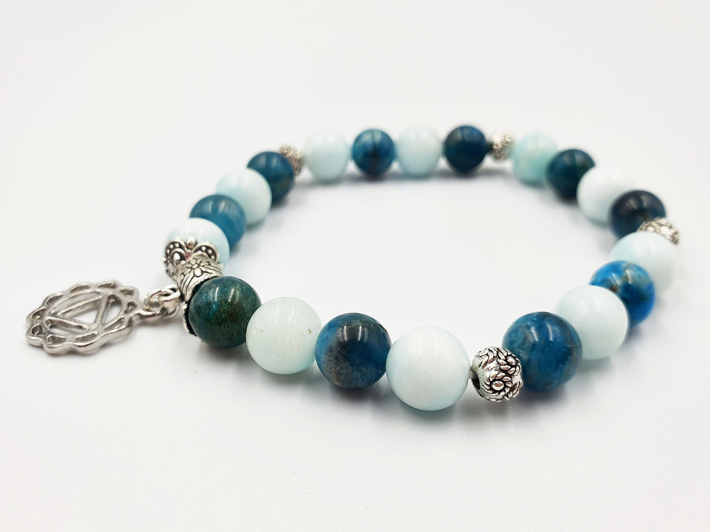 Exhaustion Support Crystal Healing Bracelet with Chakra Charm (Blue Apatite and Hemimorphite)