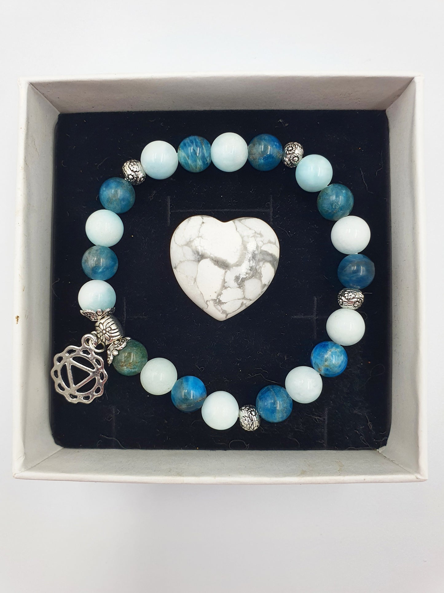 Exhaustion Support Crystal Healing Bracelet with Chakra Charm (Blue Apatite and Hemimorphite)