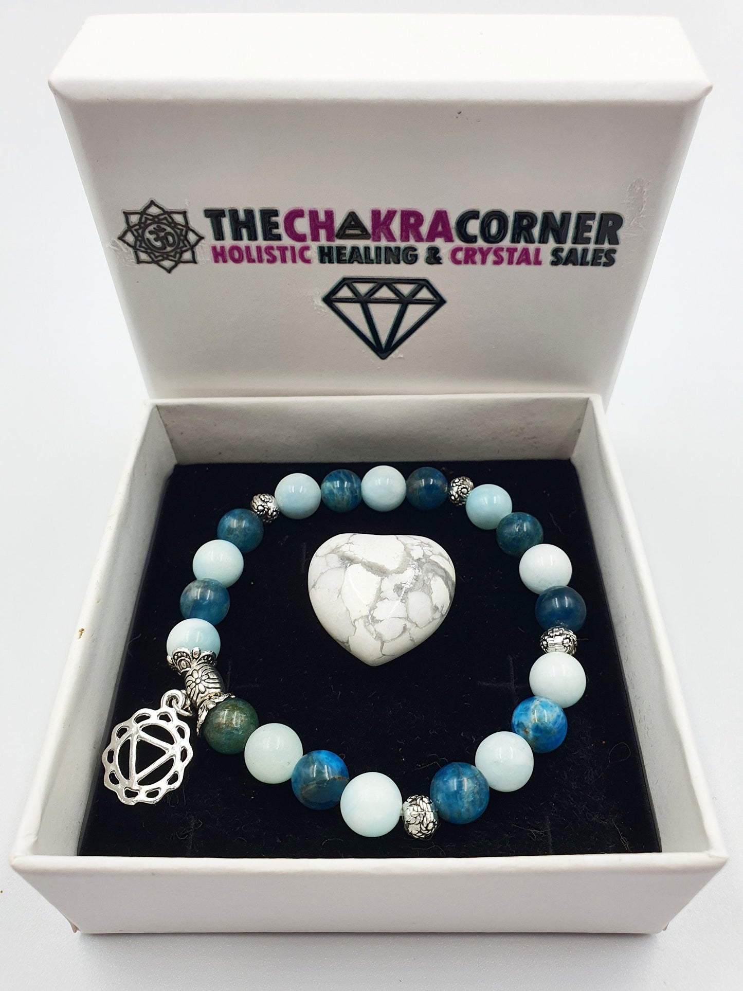 Exhaustion Support Crystal Healing Bracelet with Chakra Charm (Blue Apatite and Hemimorphite)
