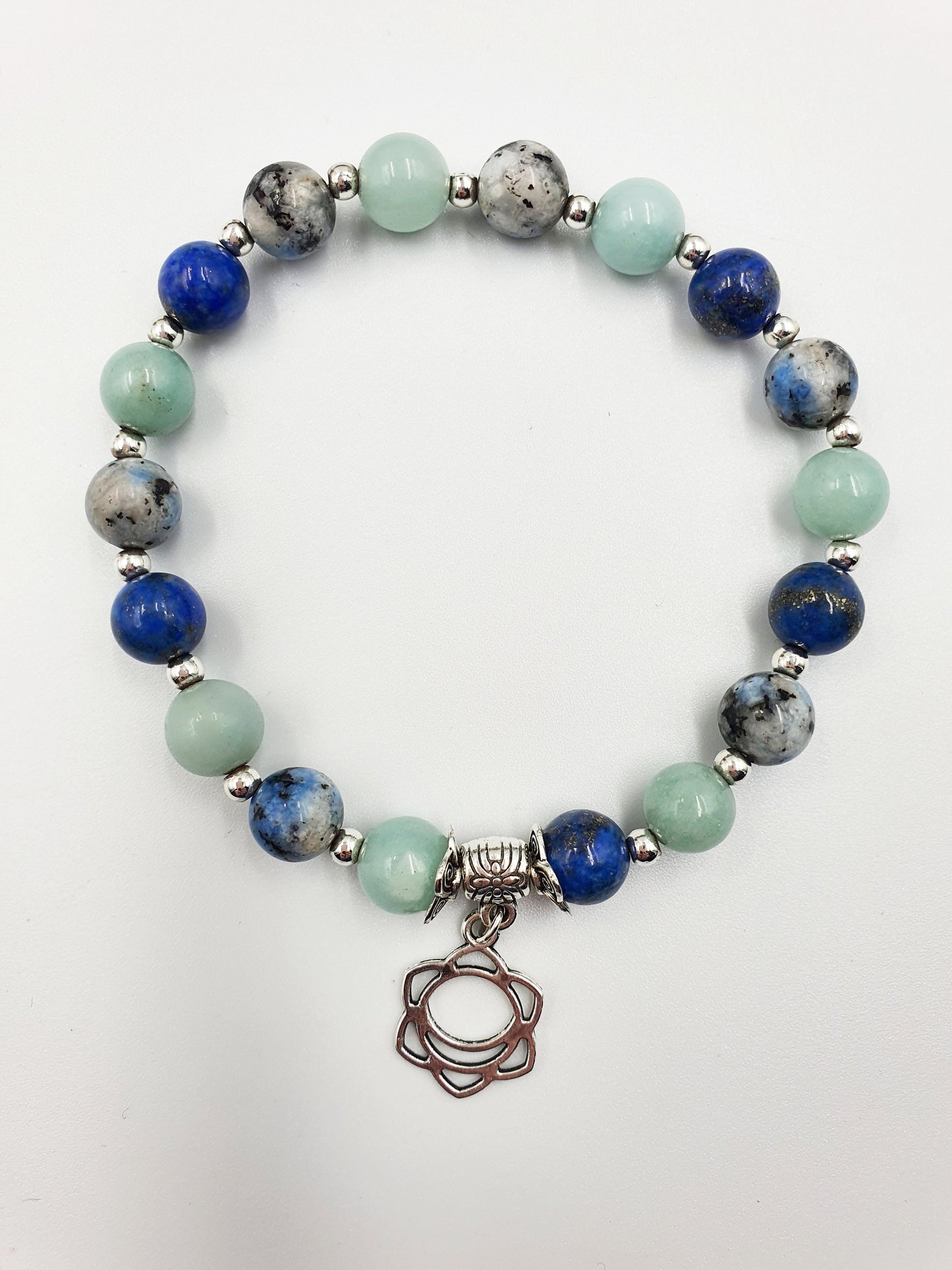 Calming the Mind Crystal Healing Bracelet with Chakra Charm (Lapis Lazuli, Caribbean Calcite and K2)