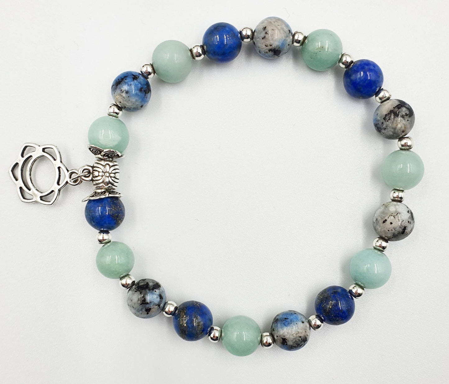 Calming the Mind Crystal Healing Bracelet with Chakra Charm (Lapis Lazuli, Caribbean Calcite and K2)