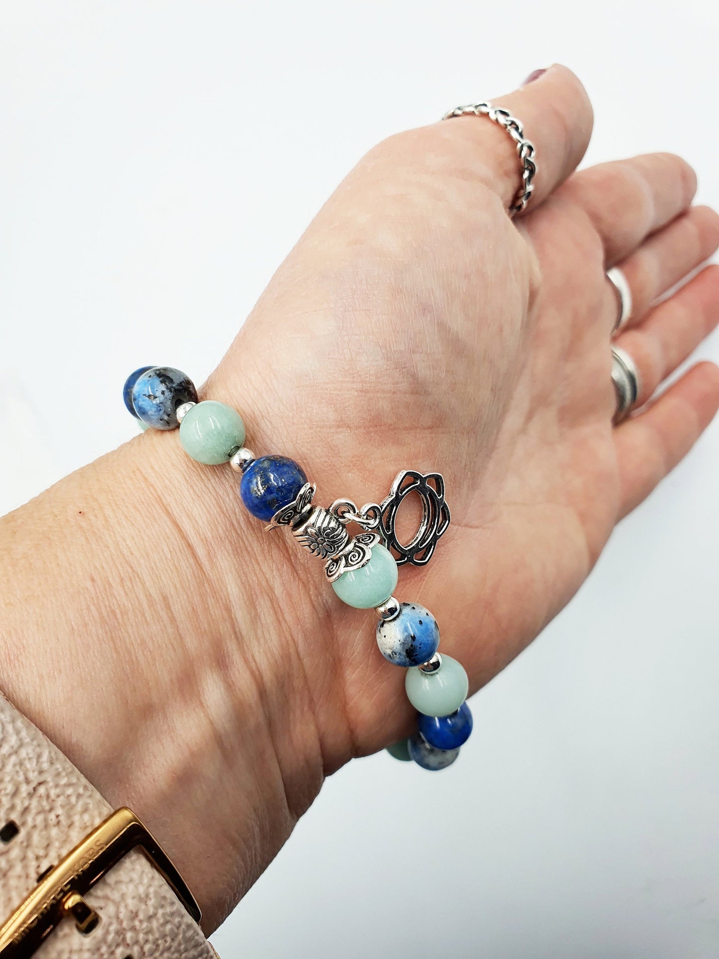 Calming the Mind Crystal Healing Bracelet with Chakra Charm (Lapis Lazuli, Caribbean Calcite and K2)