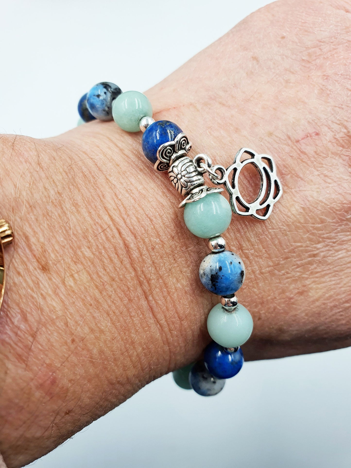 Calming the Mind Crystal Healing Bracelet with Chakra Charm (Lapis Lazuli, Caribbean Calcite and K2)