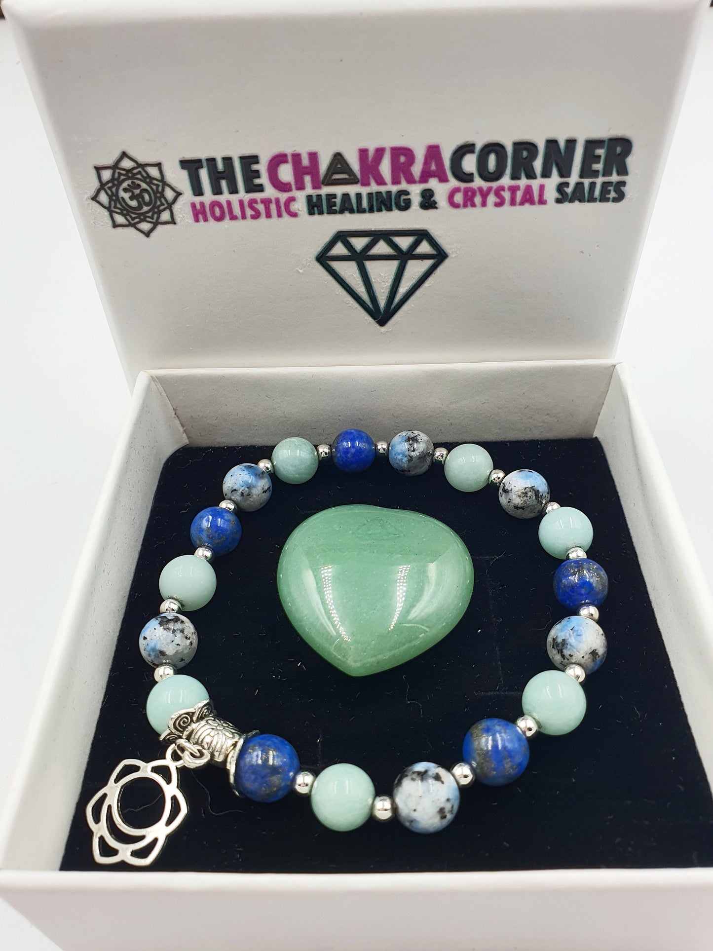 Calming the Mind Crystal Healing Bracelet with Chakra Charm (Lapis Lazuli, Caribbean Calcite and K2)