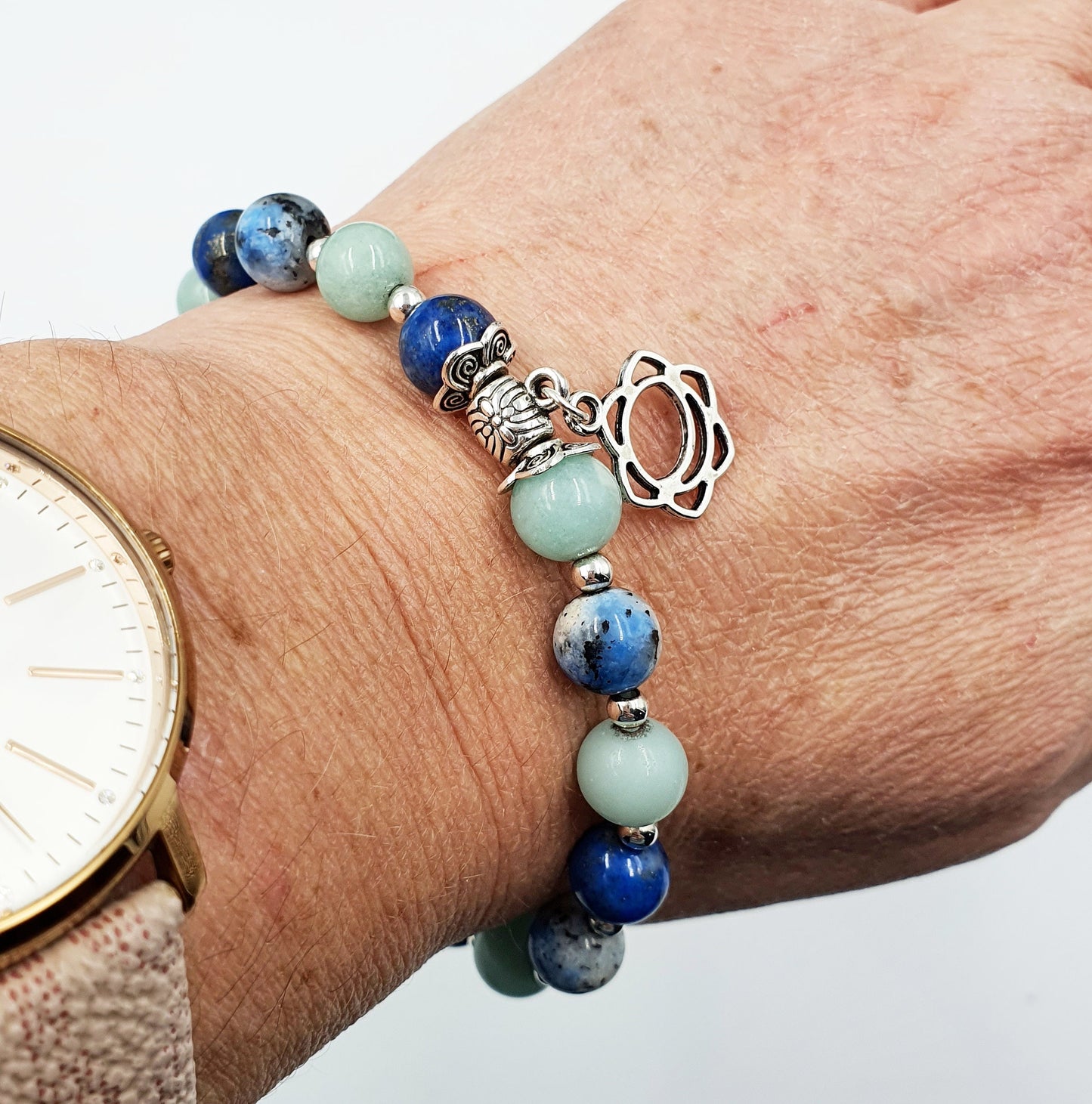 Calming the Mind Crystal Healing Bracelet with Chakra Charm (Lapis Lazuli, Caribbean Calcite and K2)