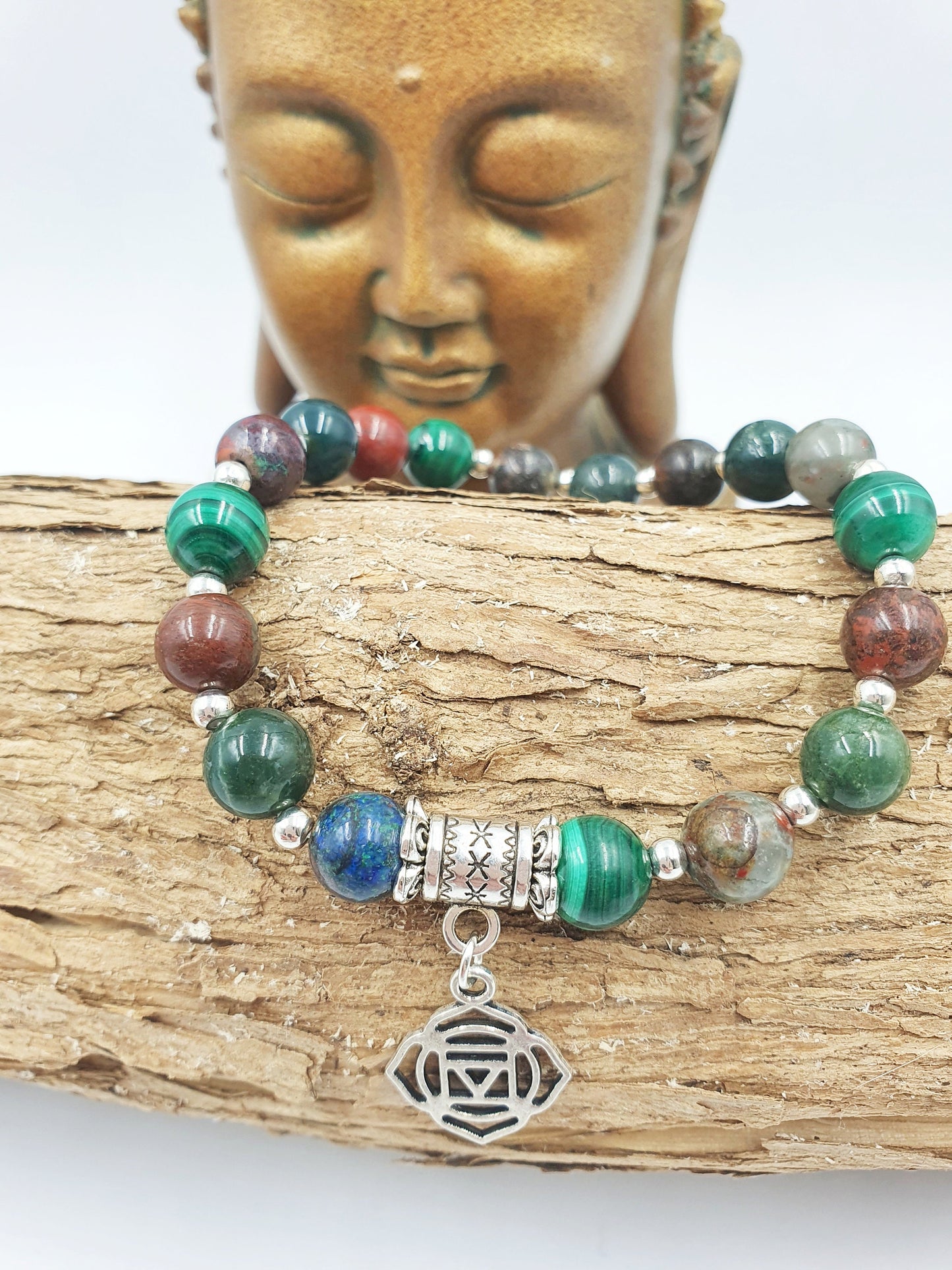 Cancer Diagnosis Support Crystal Healing Bracelet with Chakra Charm (Bloodstone, Malachite, Sonora Sunrise and Moss Agate)