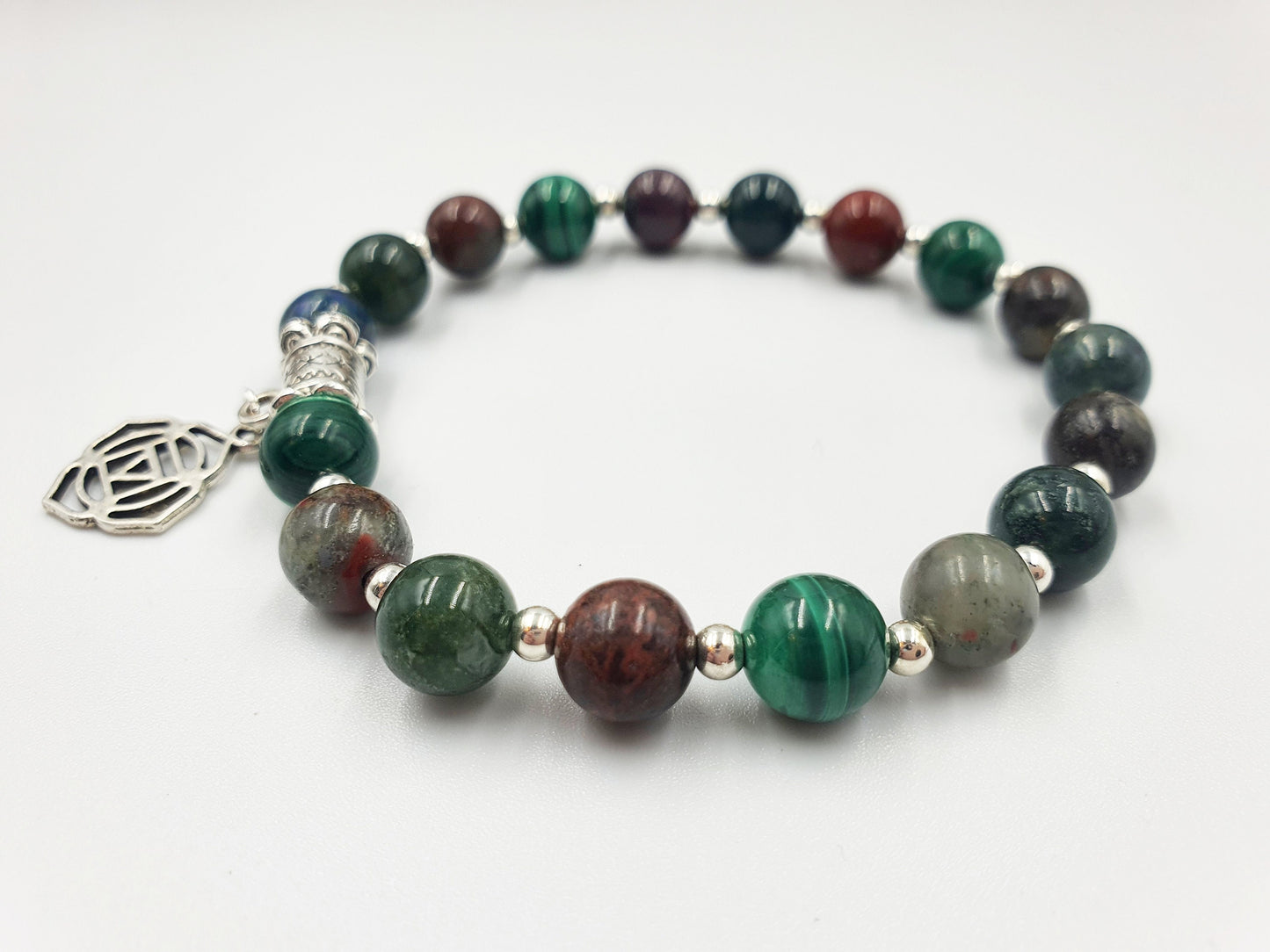 Cancer Diagnosis Support Crystal Healing Bracelet with Chakra Charm (Bloodstone, Malachite, Sonora Sunrise and Moss Agate)