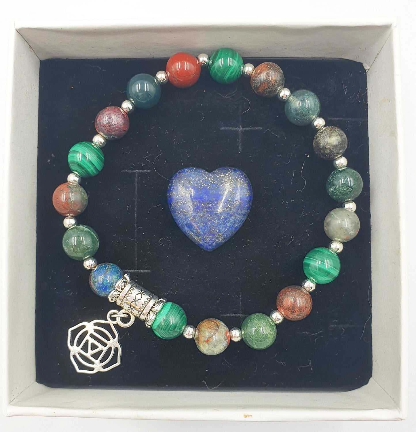 Cancer Diagnosis Support Crystal Healing Bracelet with Chakra Charm (Bloodstone, Malachite, Sonora Sunrise and Moss Agate)
