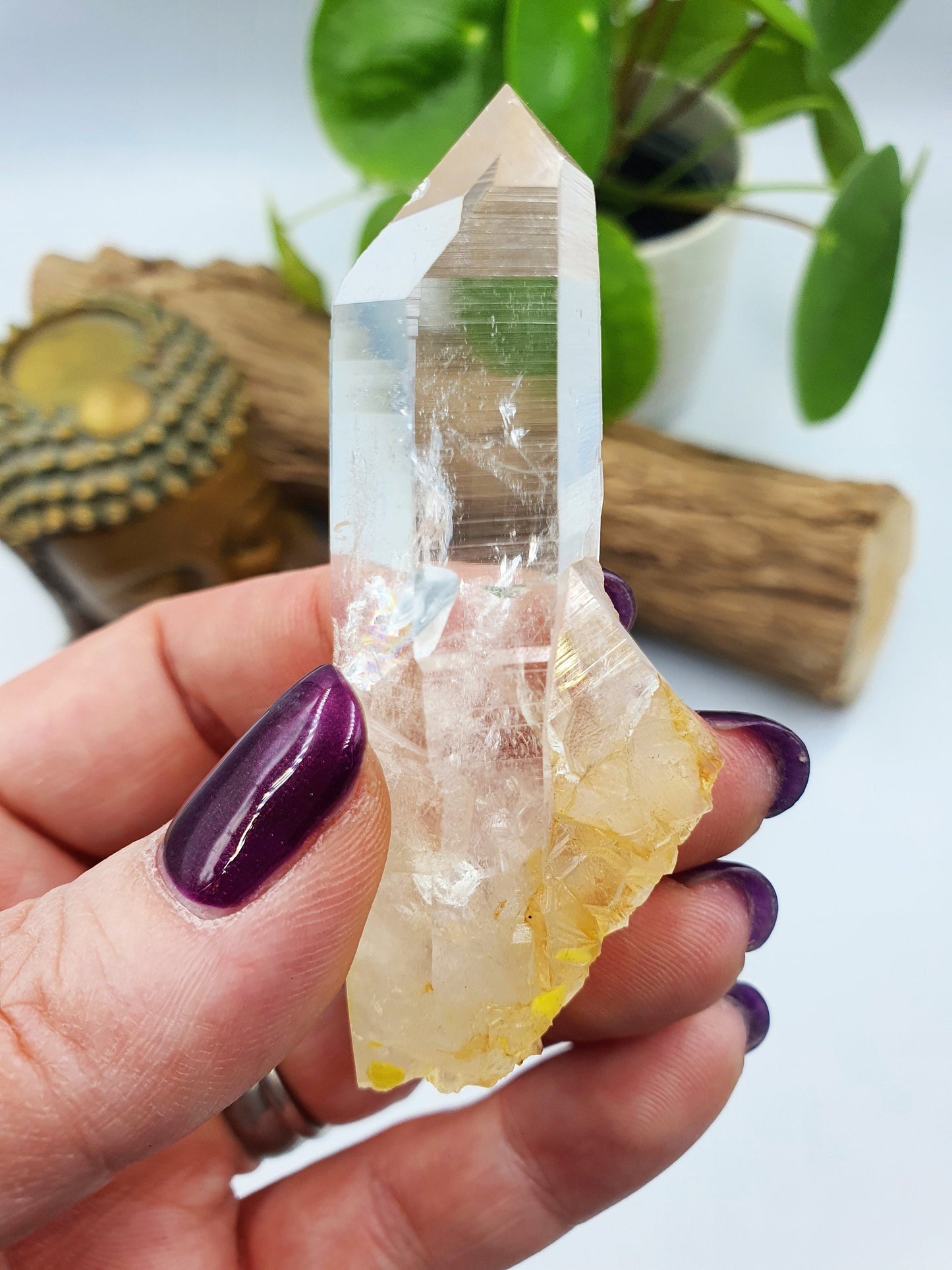 Lemurian Quartz Cluster Point with rainbow