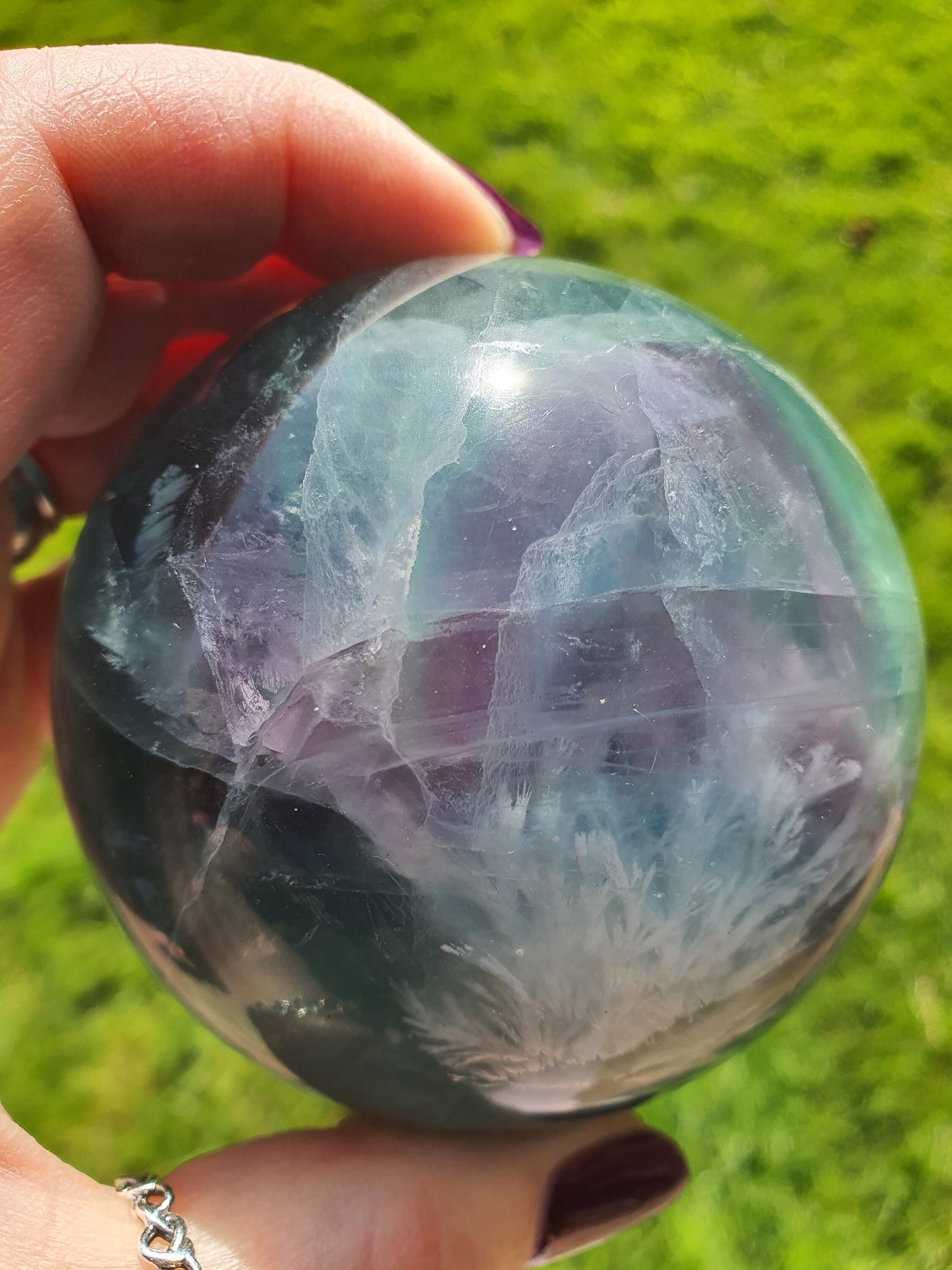 Feather Fluorite Sphere with amazing rainbow flashes