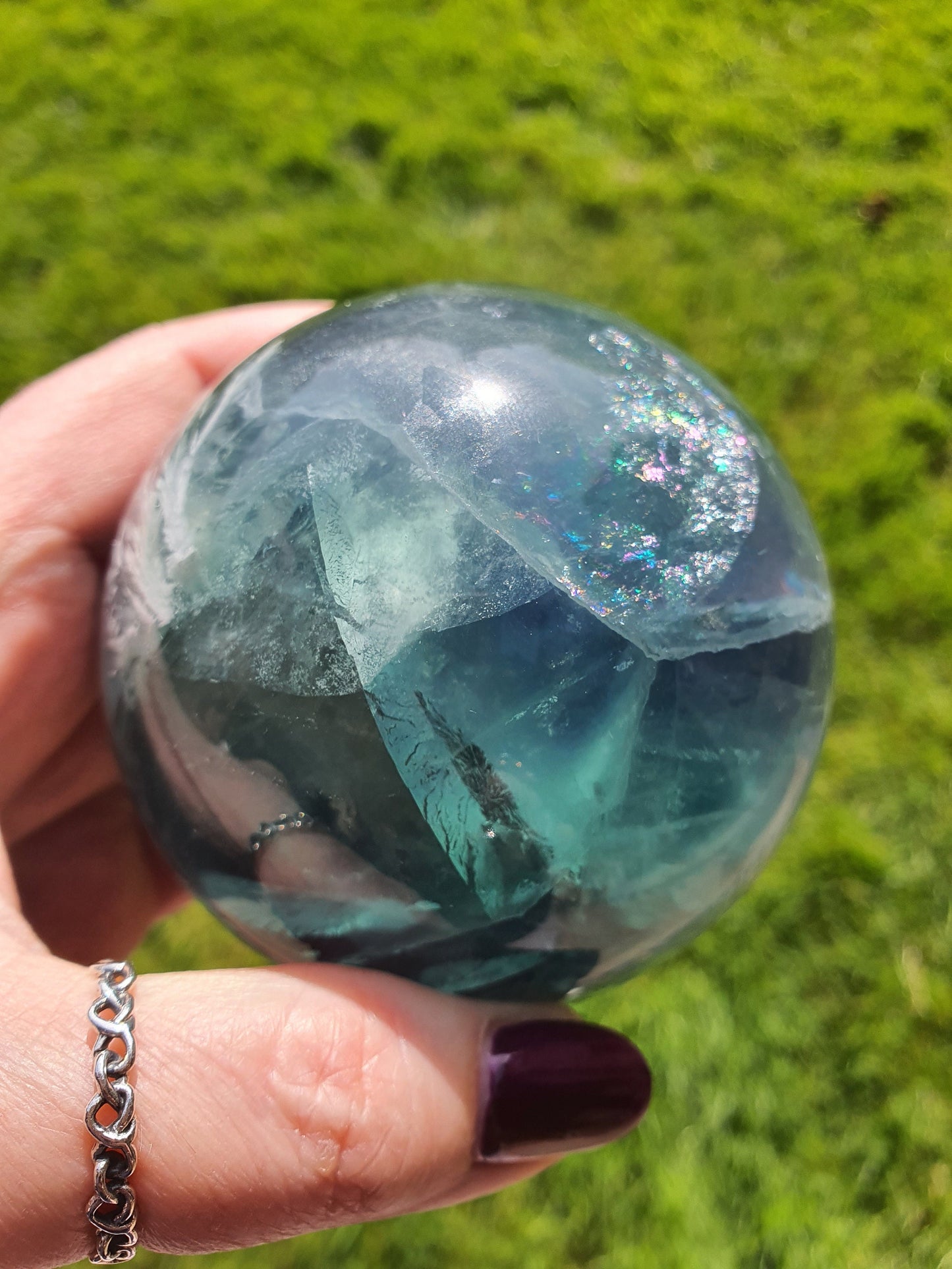 Feather Fluorite Sphere with amazing rainbow flashes