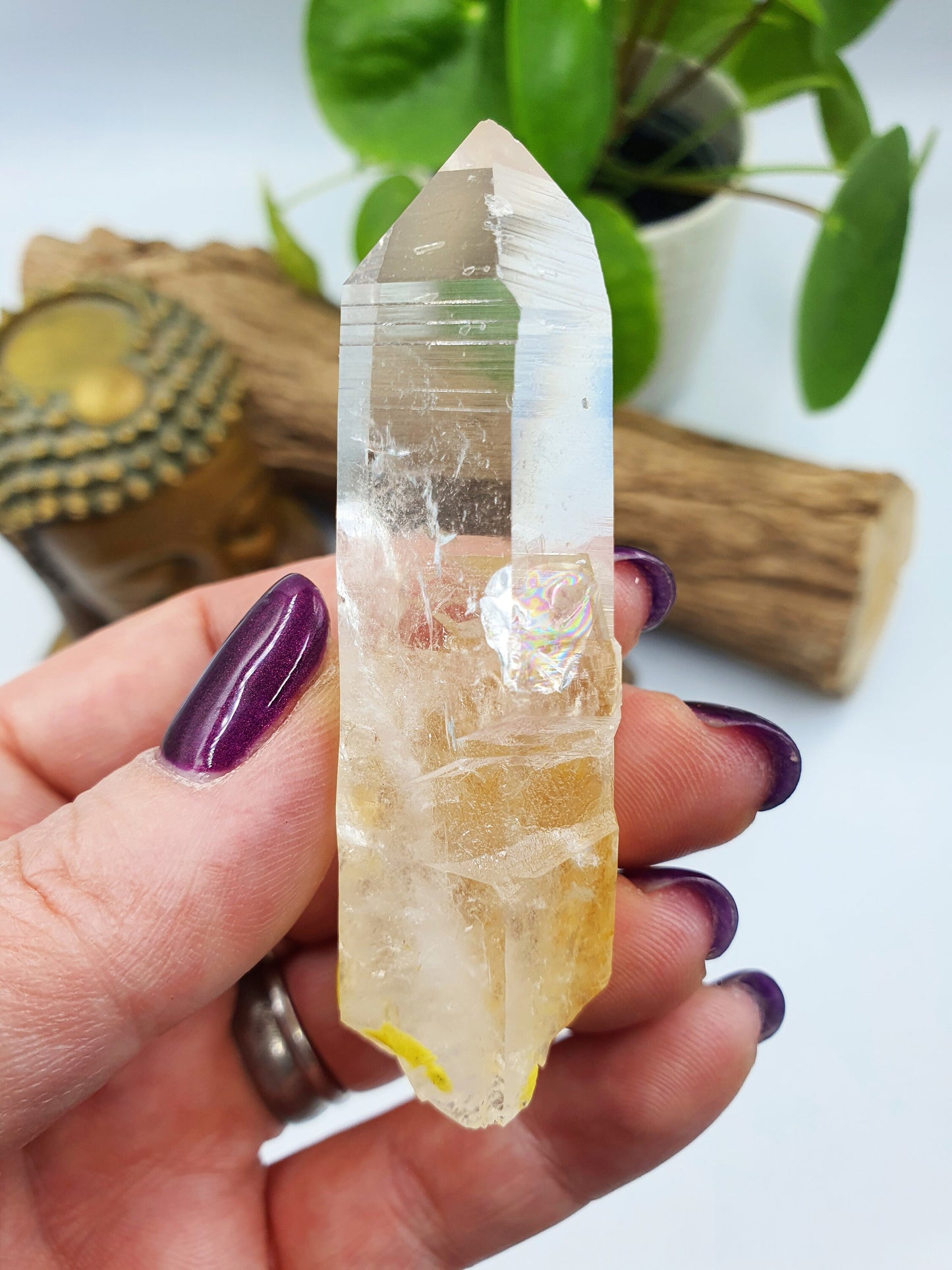 Lemurian Quartz Cluster Point with rainbow