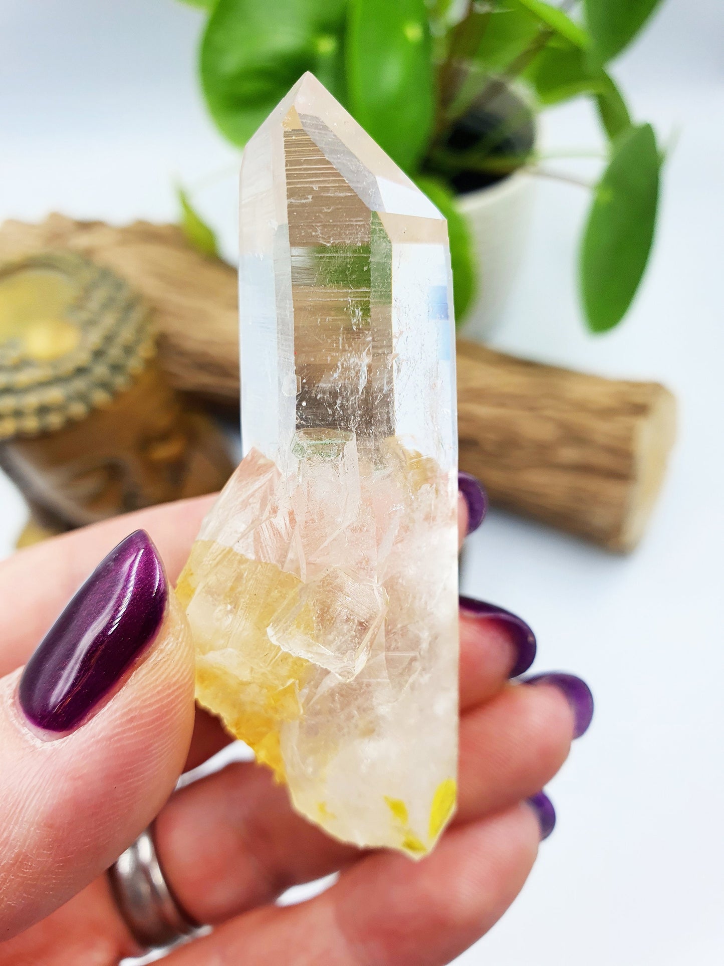 Lemurian Quartz Cluster Point with rainbow