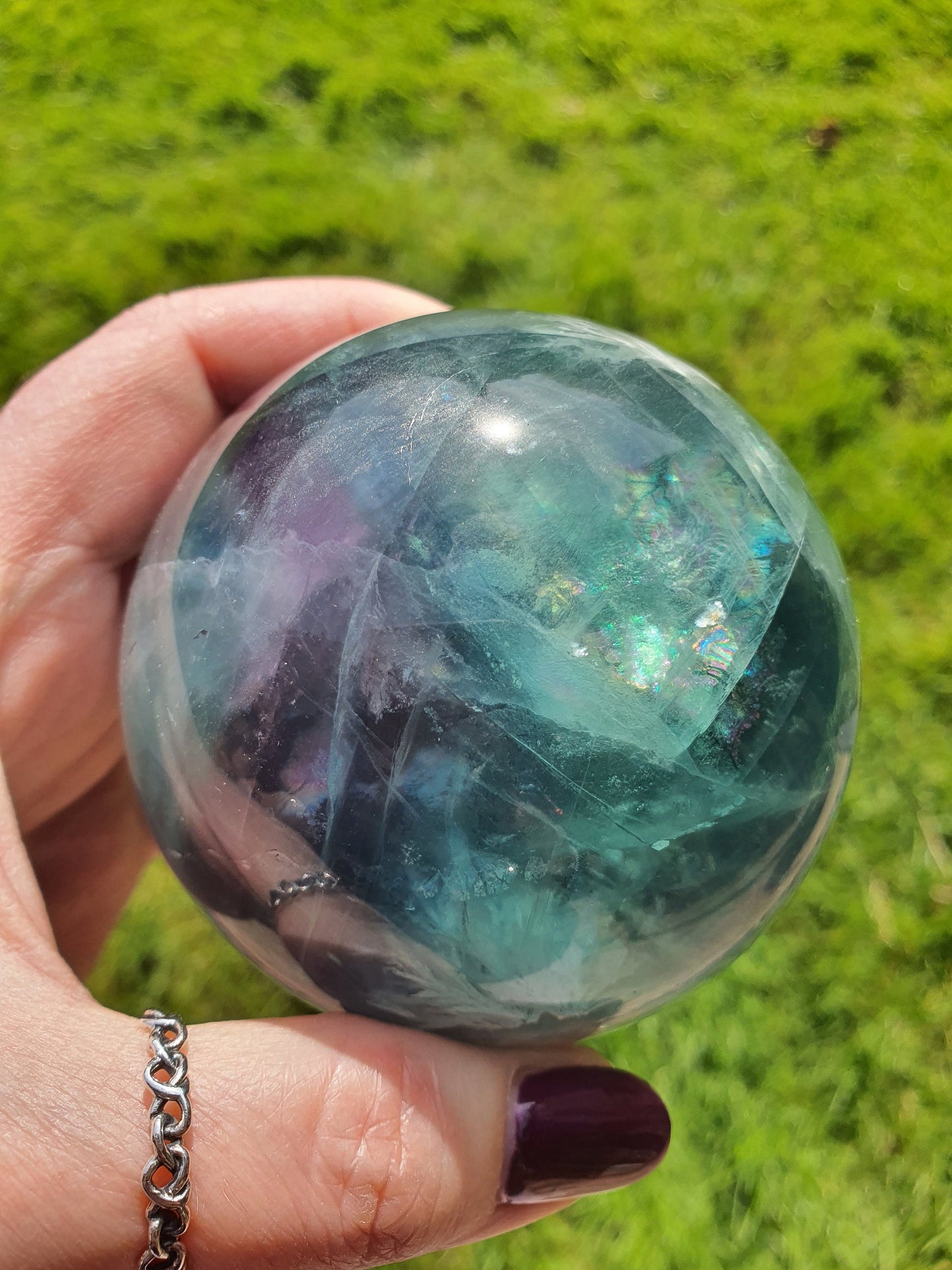 Feather Fluorite Sphere with amazing rainbow flashes