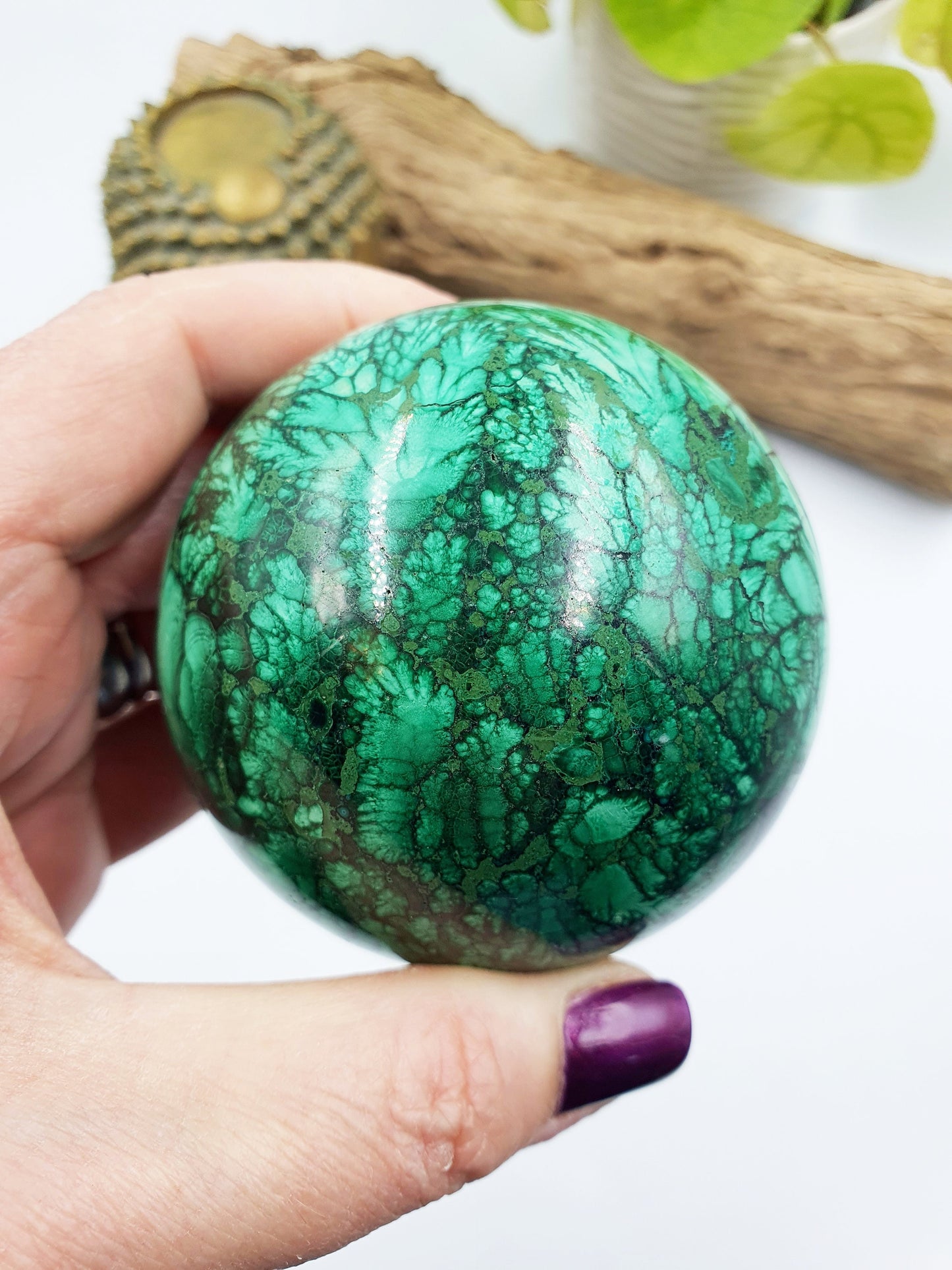 Malachite Sphere with feather patterns