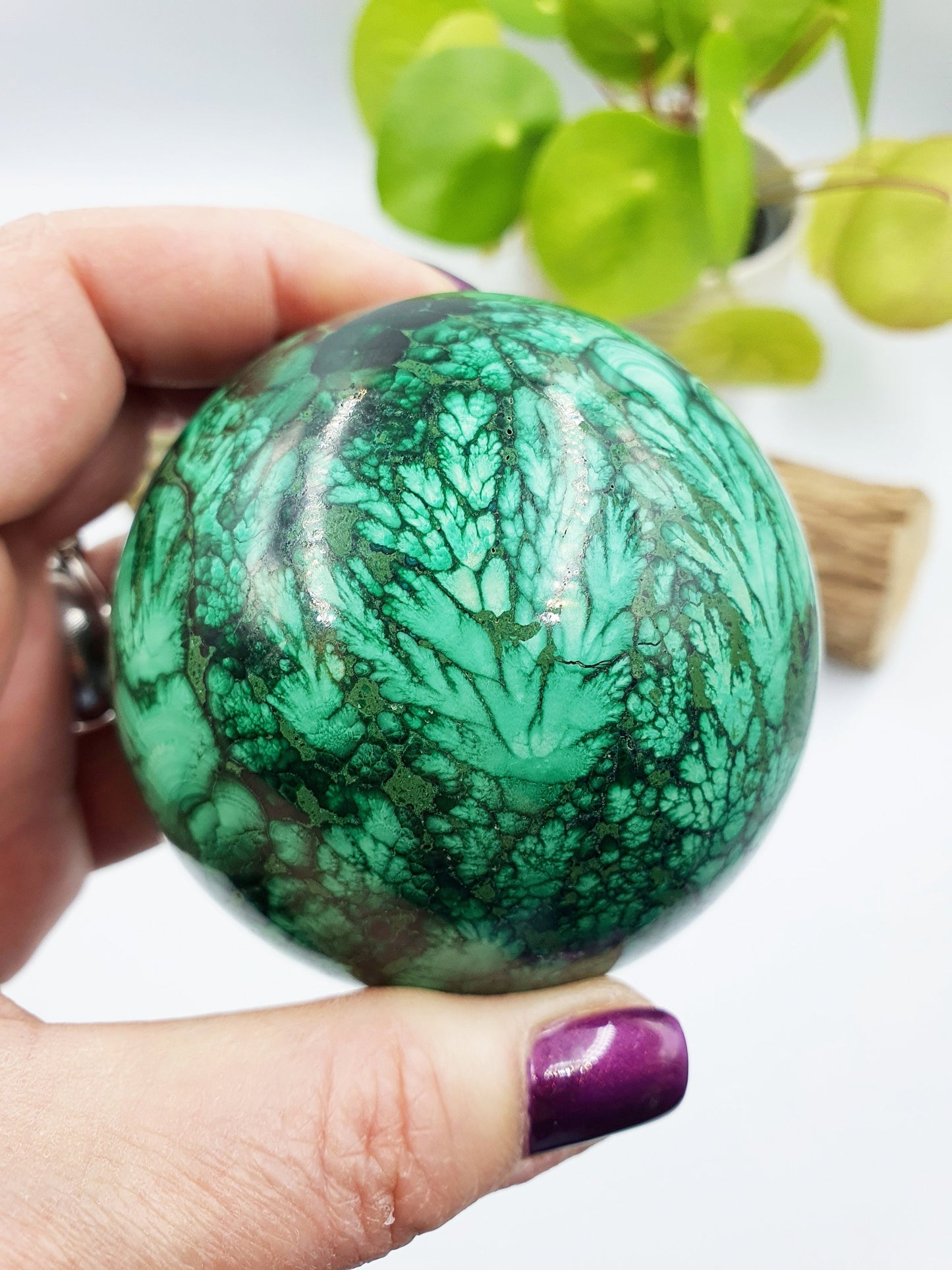 Malachite Sphere with feather patterns