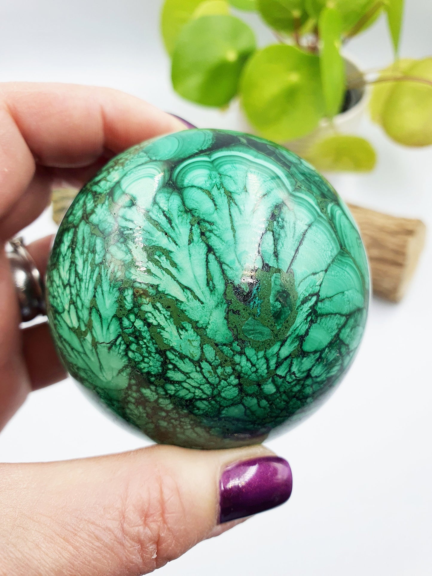 Malachite Sphere with feather patterns