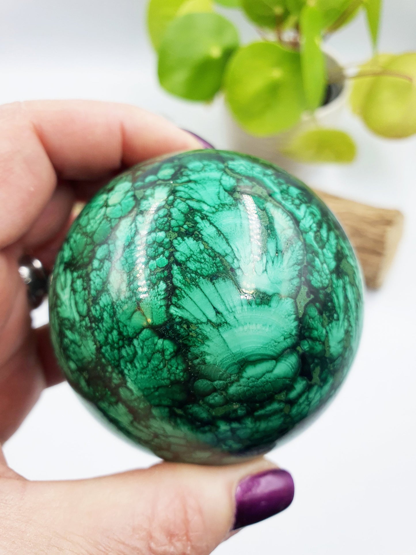Malachite Sphere with feather patterns