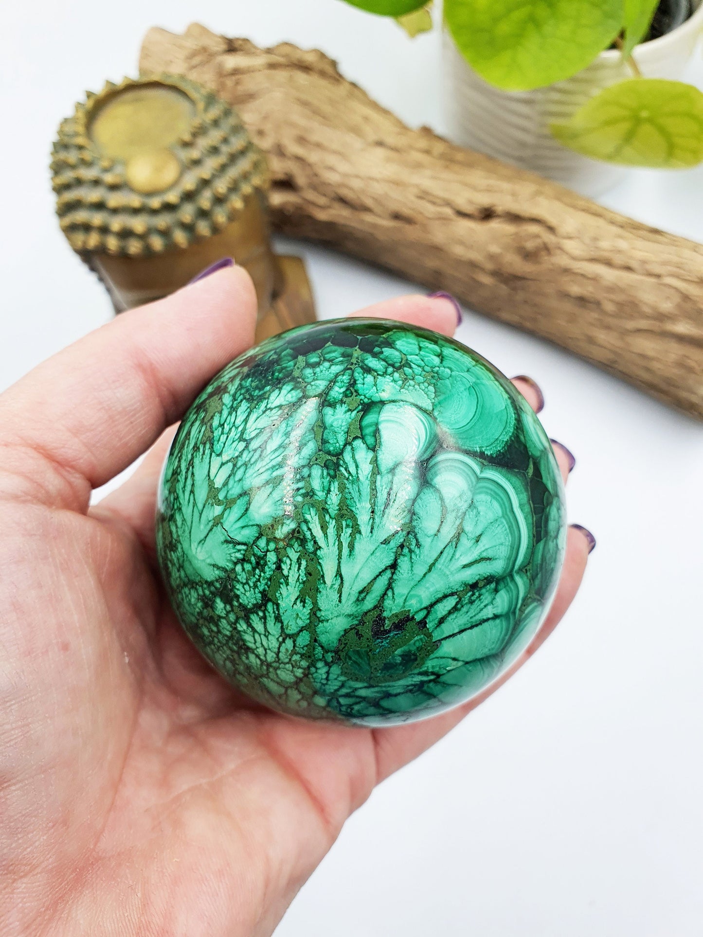 Malachite Sphere with feather patterns