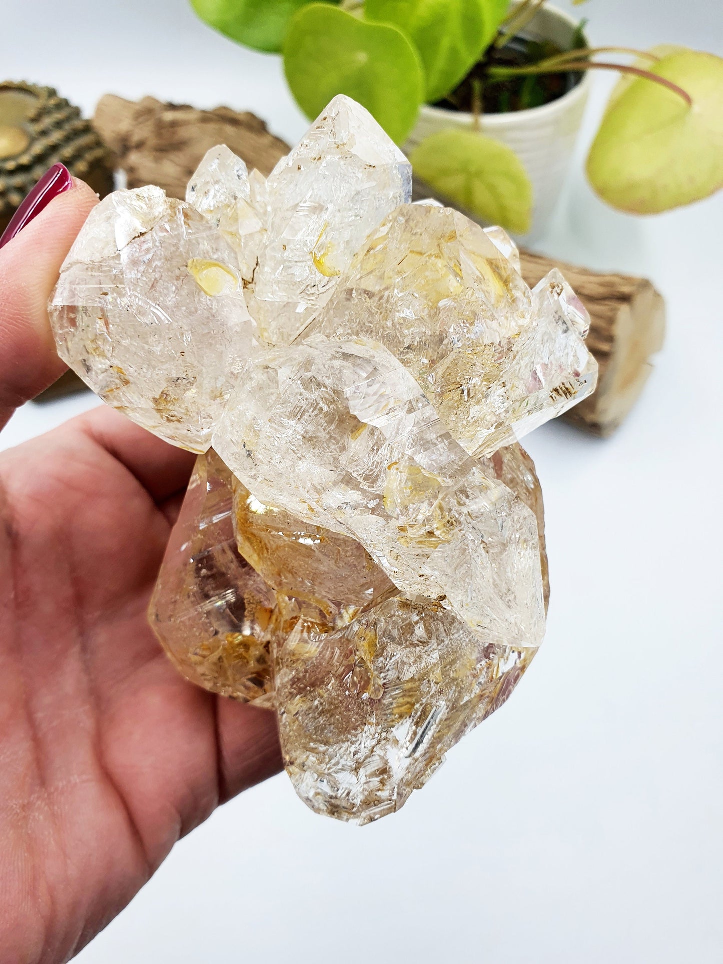 Skeletal Quartz Specimen from Pakistan with moving carbon bubble and rainbow flashes
