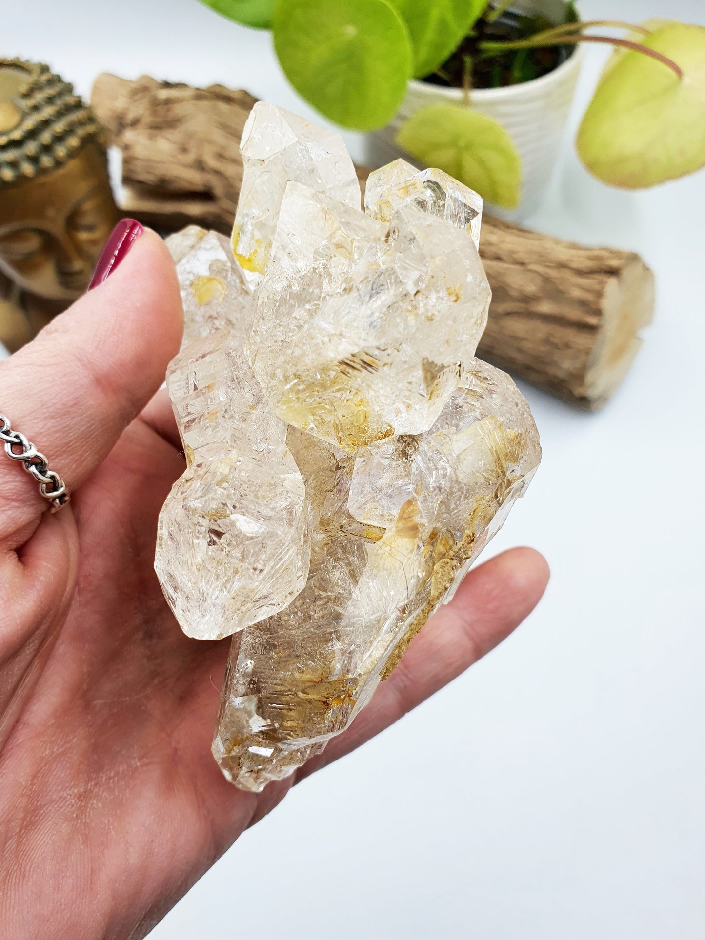 Skeletal Quartz Specimen from Pakistan with moving carbon bubble and rainbow flashes