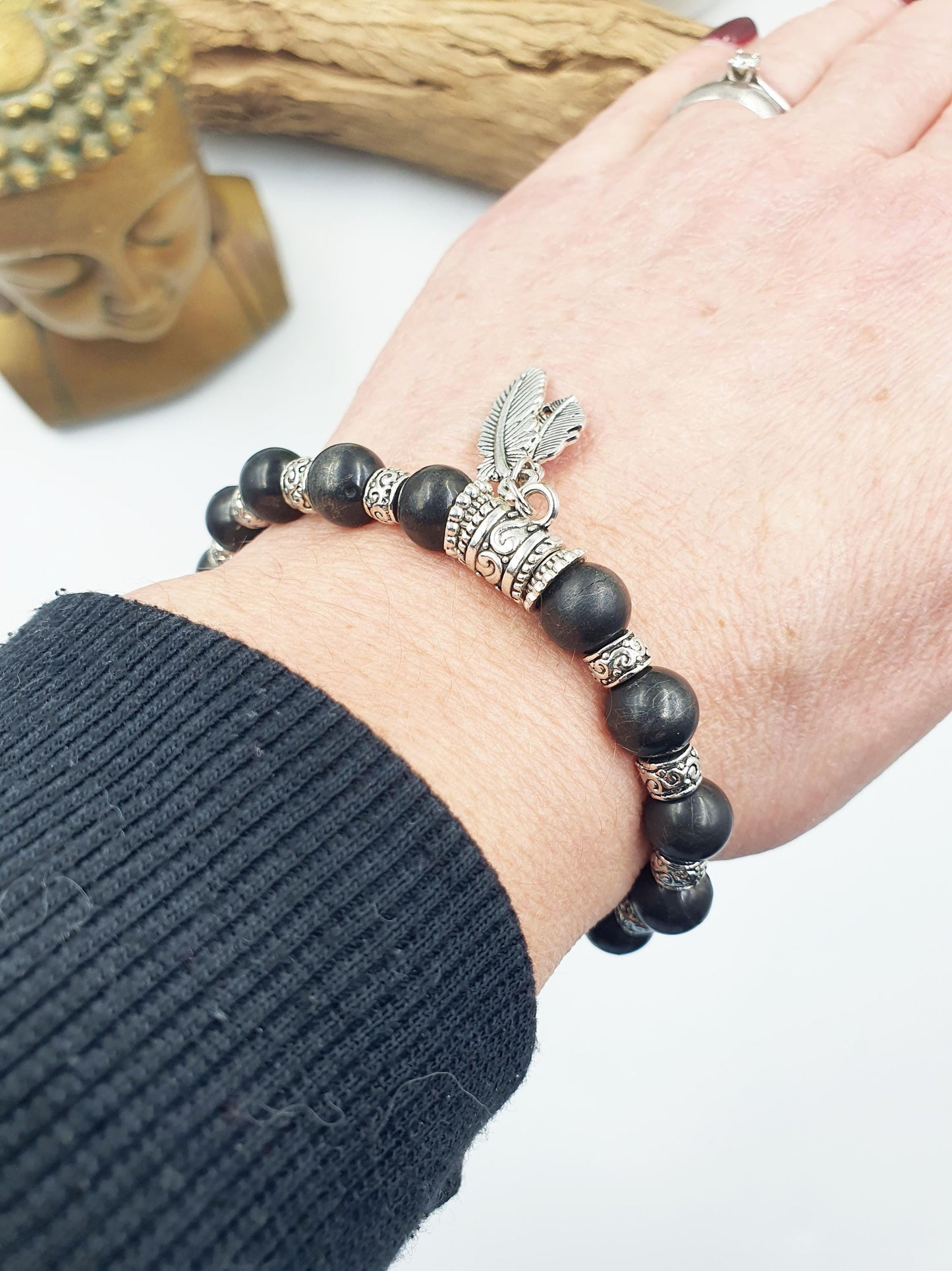 Shungite Bracelet with Feather Charms