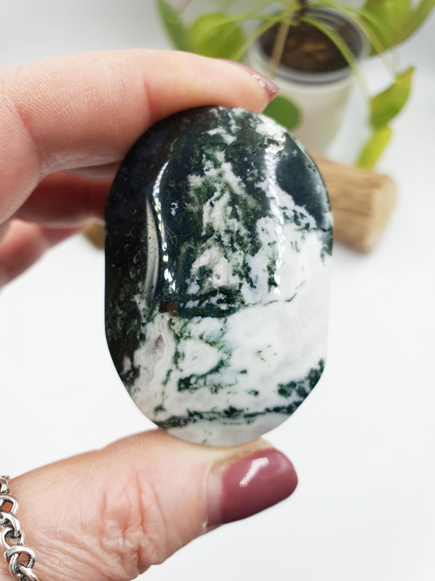 Druzy Moss Agate Palm / Moss Agate Palm Stone / Meditation Palm / Reiki Crystal Palm - 75g