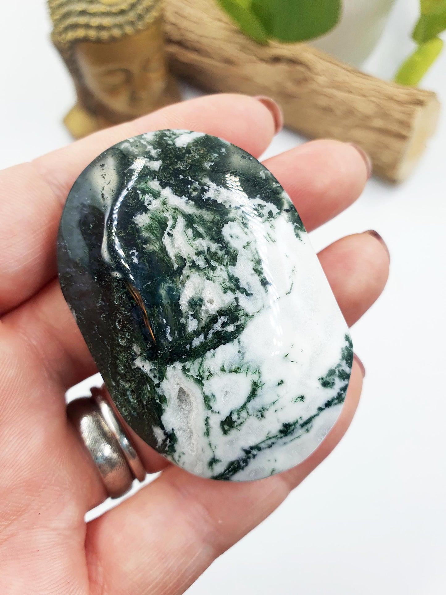 Druzy Moss Agate Palm / Moss Agate Palm Stone / Meditation Palm / Reiki Crystal Palm - 75g