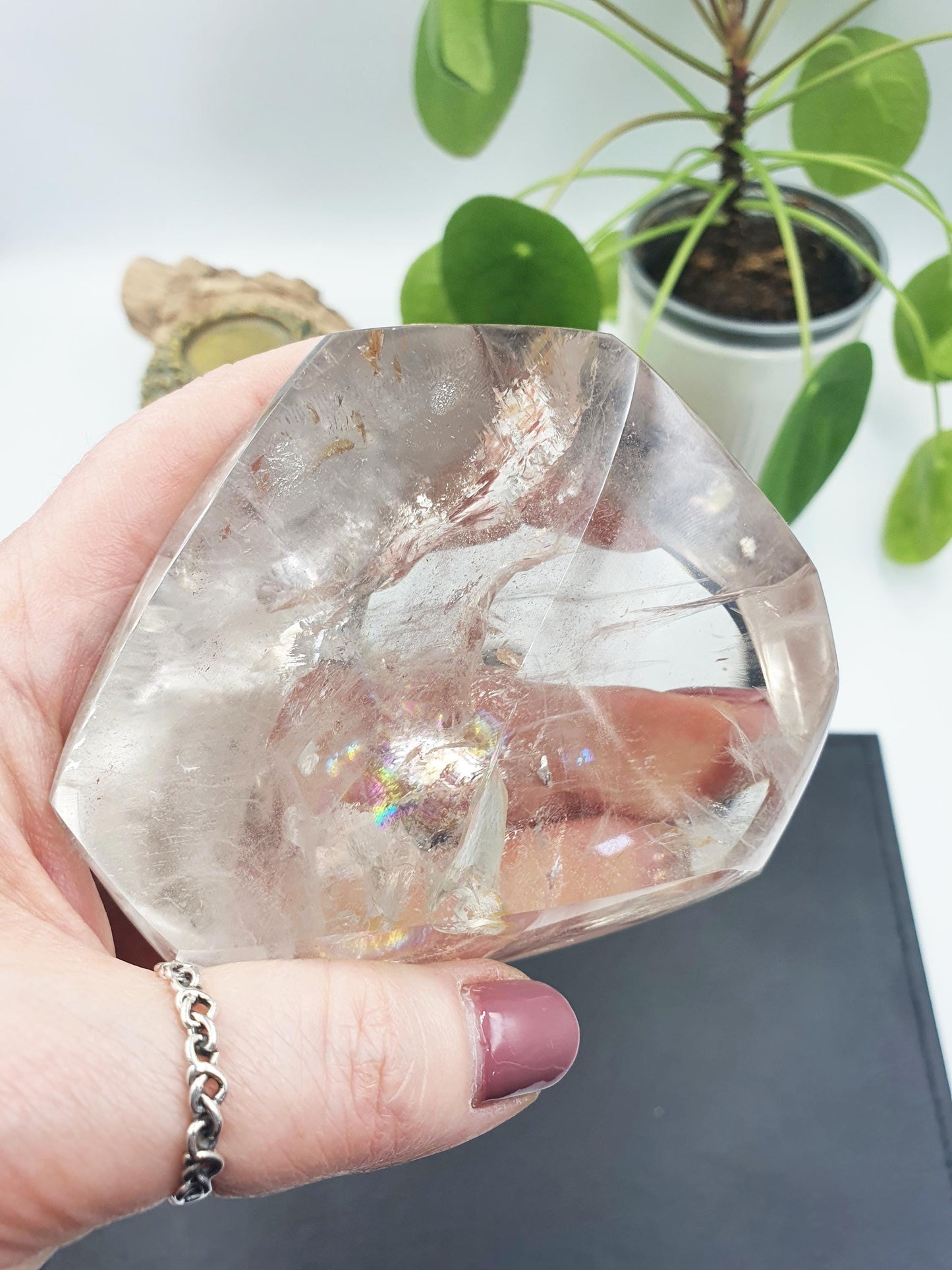 High Grade Clear Quartz Freeform with large rainbow, shimmering inclusions and dustings of golden healer