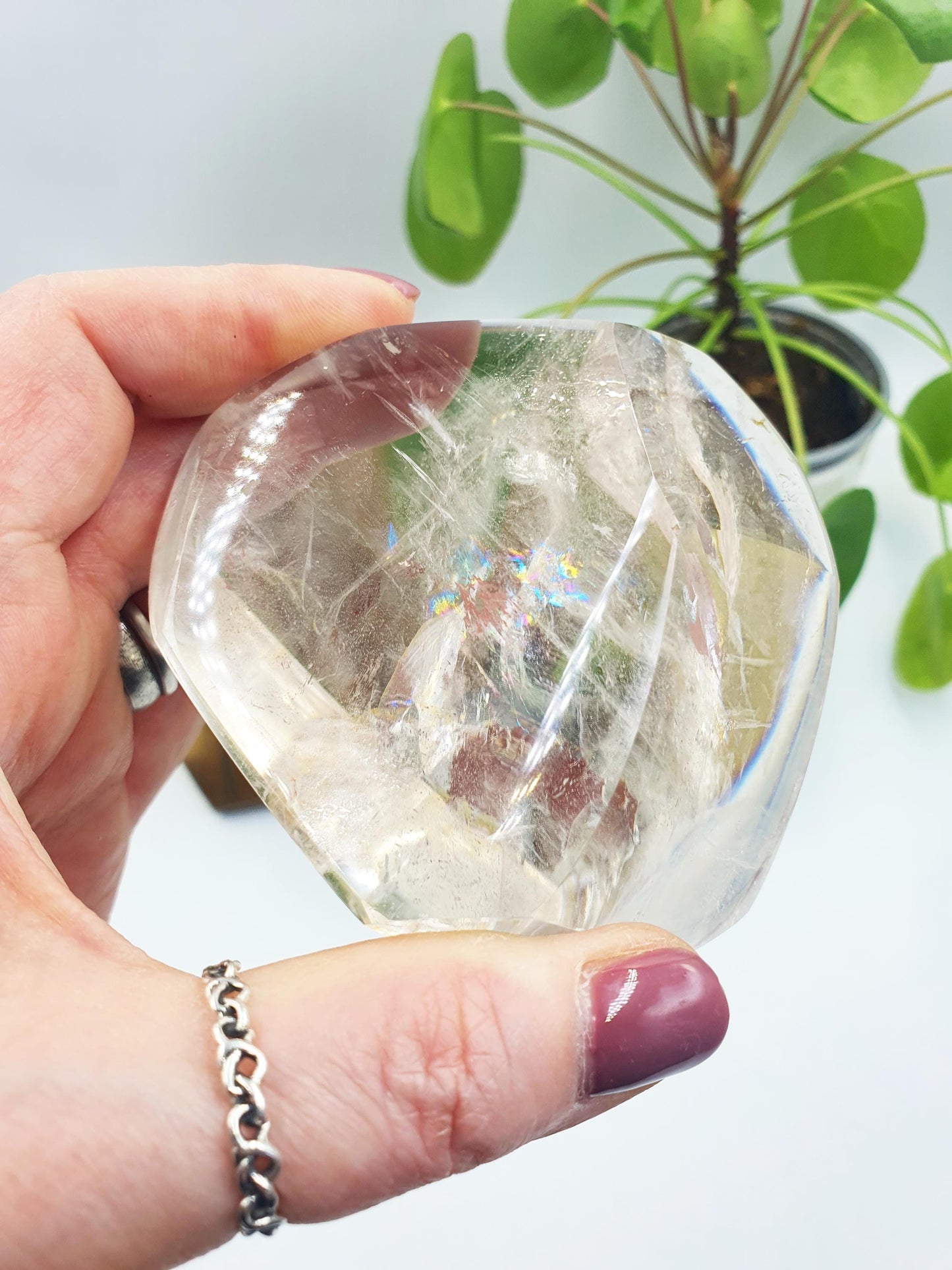 High Grade Clear Quartz Freeform with large rainbow, shimmering inclusions and dustings of golden healer