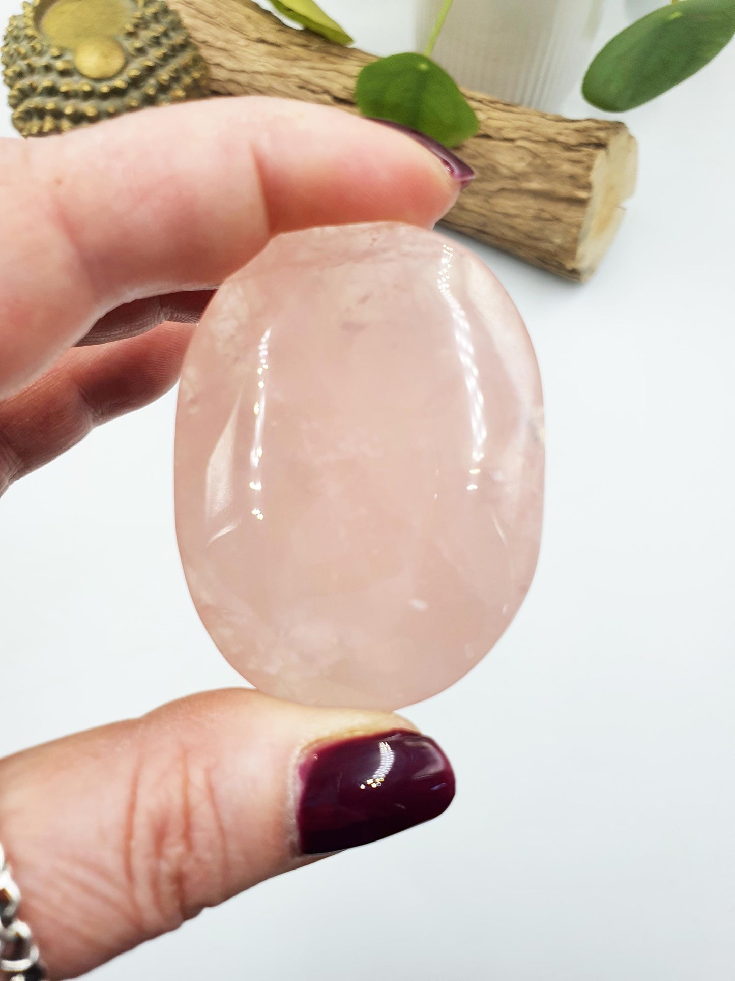 Rose Quartz Palm with rainbow flashes