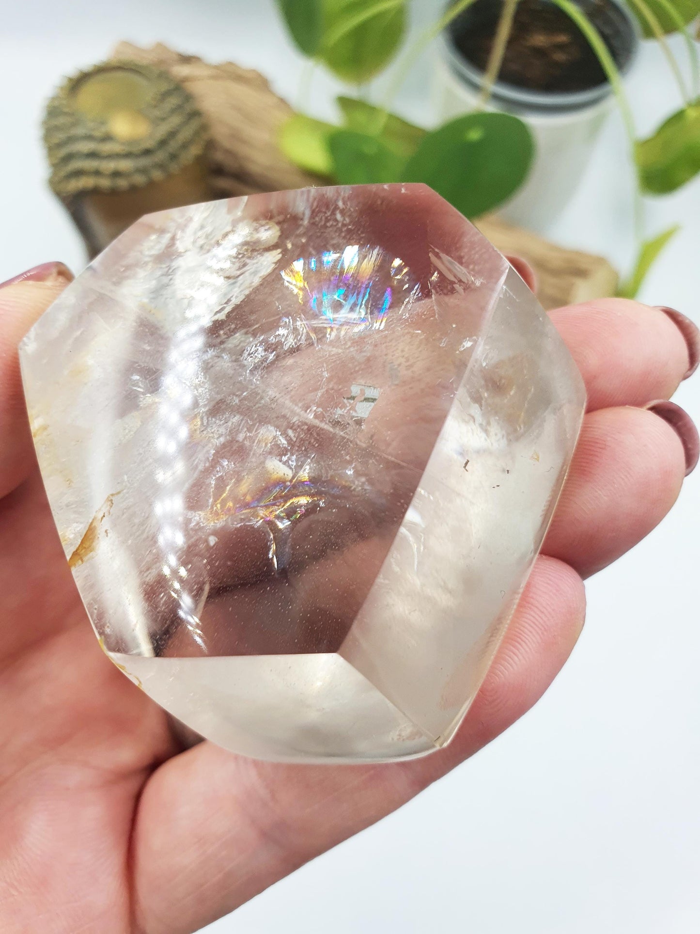 Clear Quartz Freeform with large rainbow, shimmering inclusions and golden healer