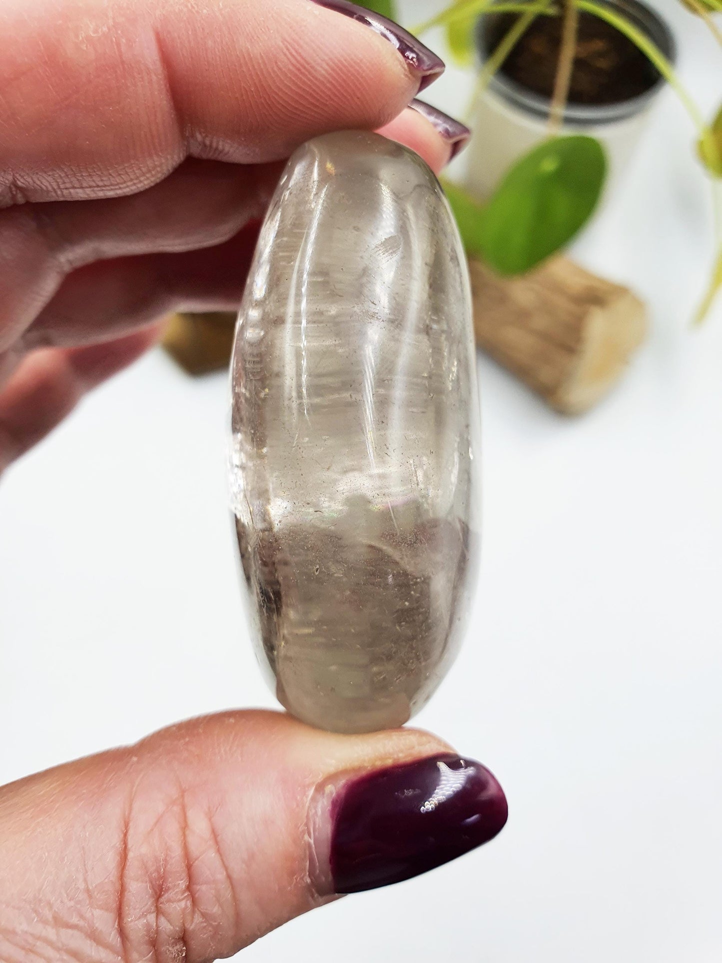 Clear Quartz Palm with shimmering inclusions and rainbows
