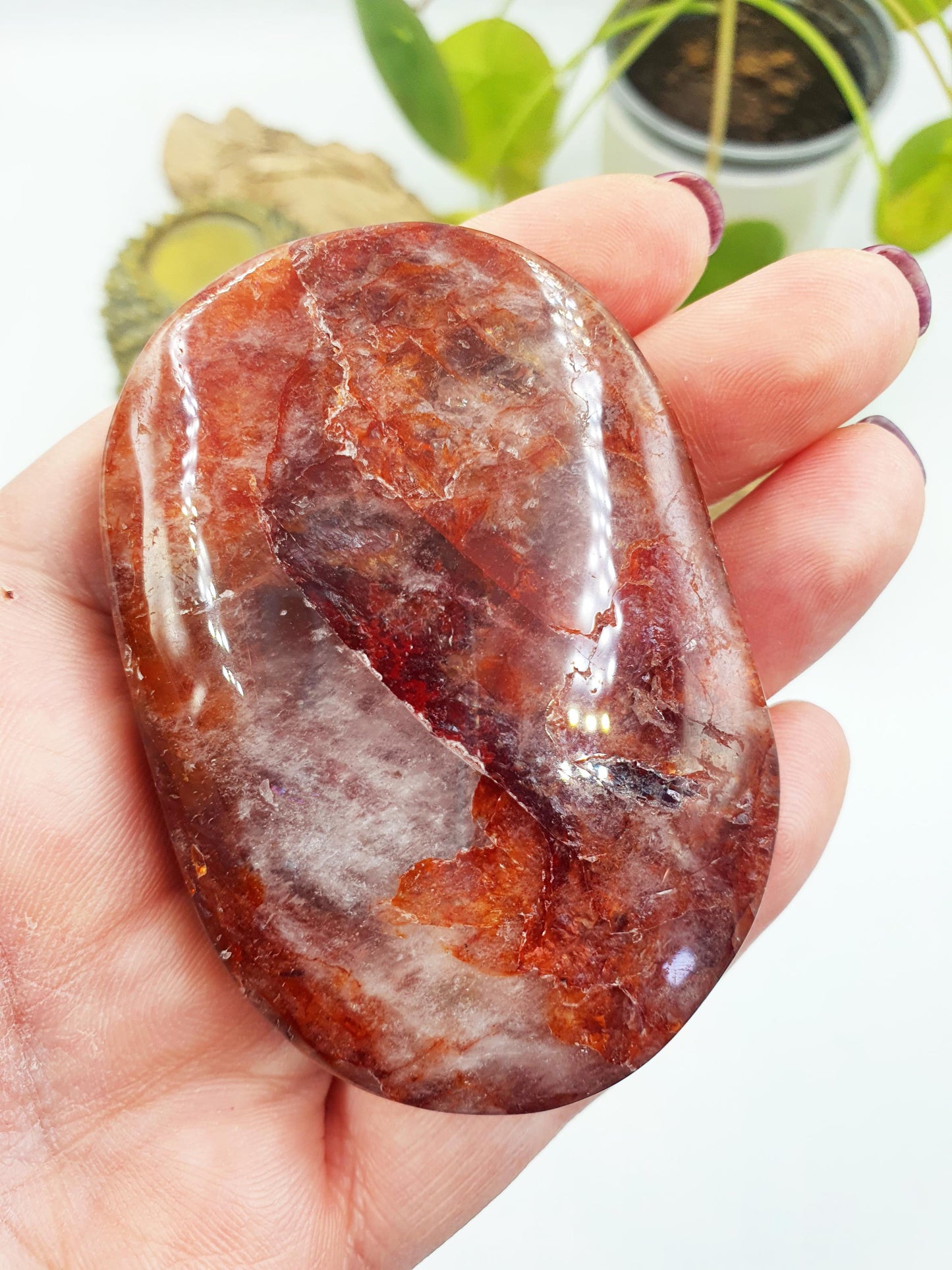 Large Fire Quartz Palm / Hematoid Quartz Palm / Healing Palm Stone / Meditation Palm- 105g