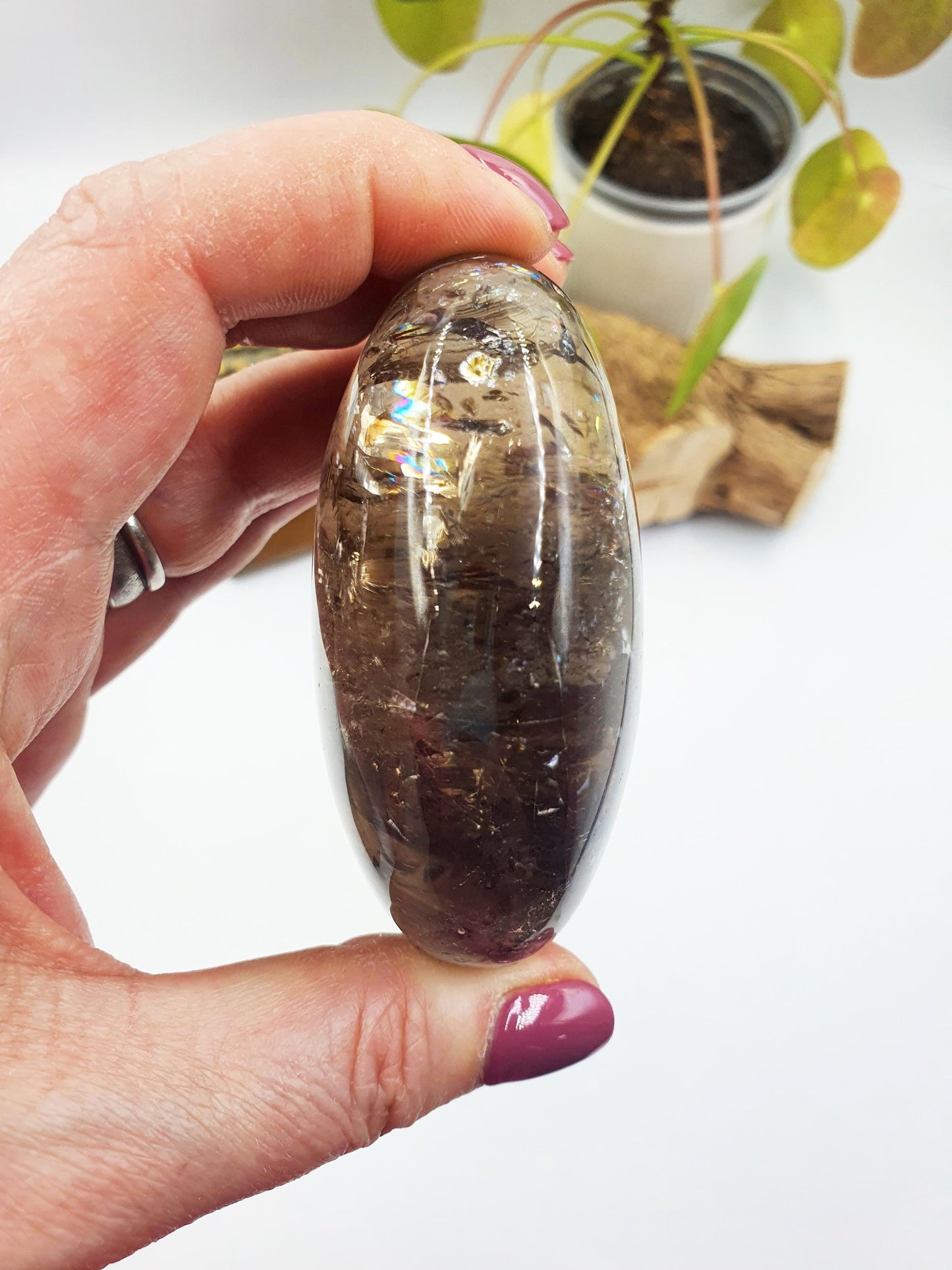 Stunning High Grade Smoky Quartz Palm full of rainbows / Smoky Quartz Palm Stone / Meditation Palm / Reiki Crystal Palm - 260g