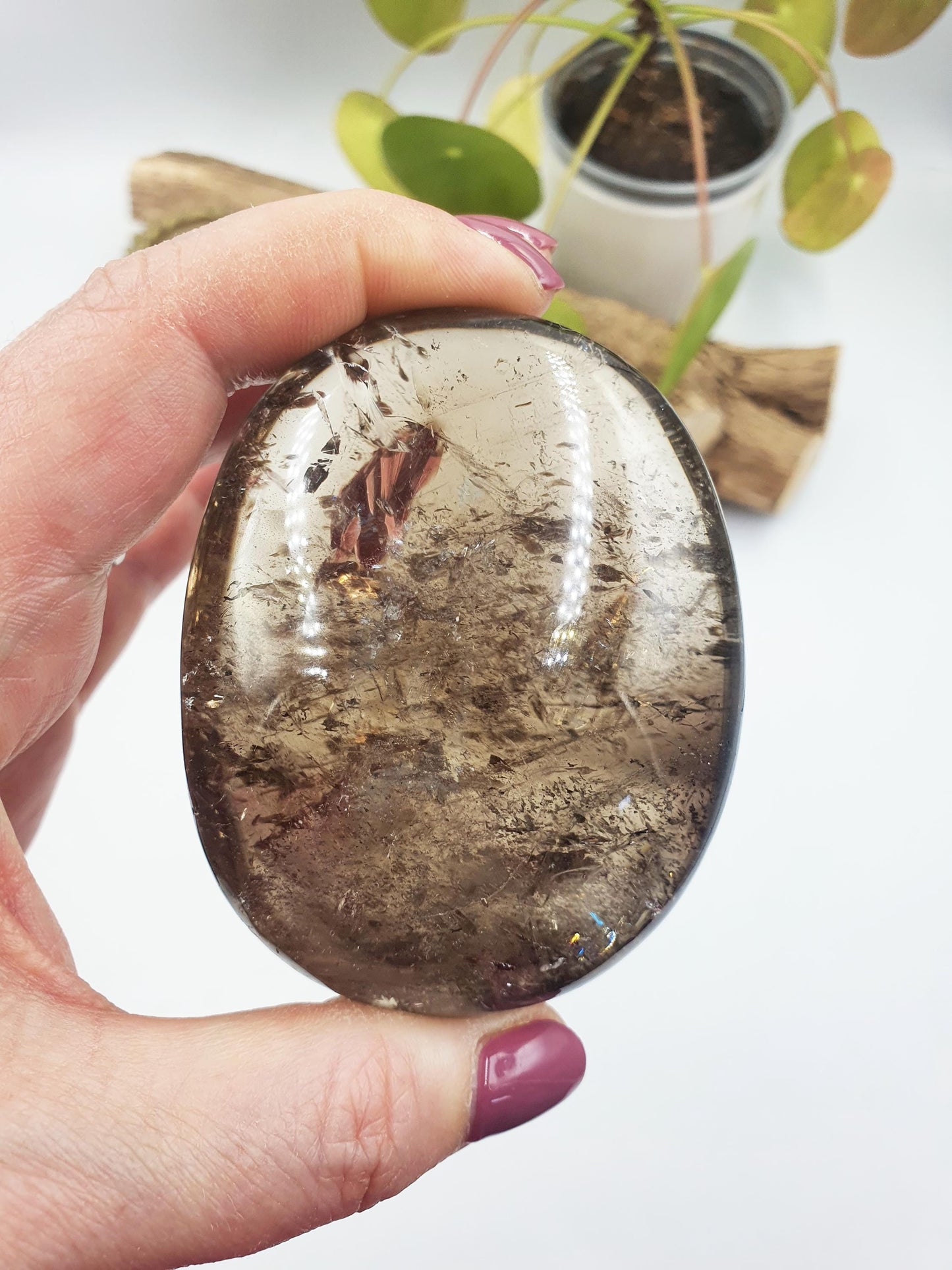 Stunning High Grade Smoky Quartz Palm full of rainbows / Smoky Quartz Palm Stone / Meditation Palm / Reiki Crystal Palm - 260g