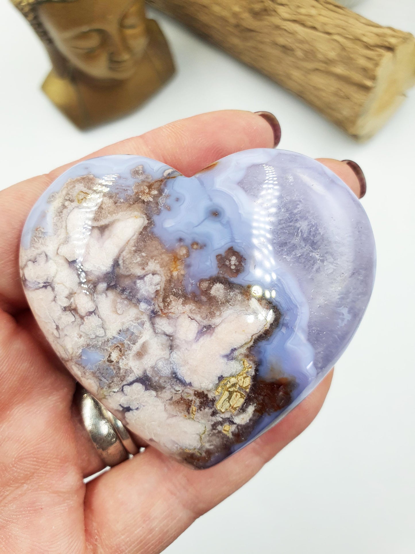 Large Blue Flower Agate Puff Heart