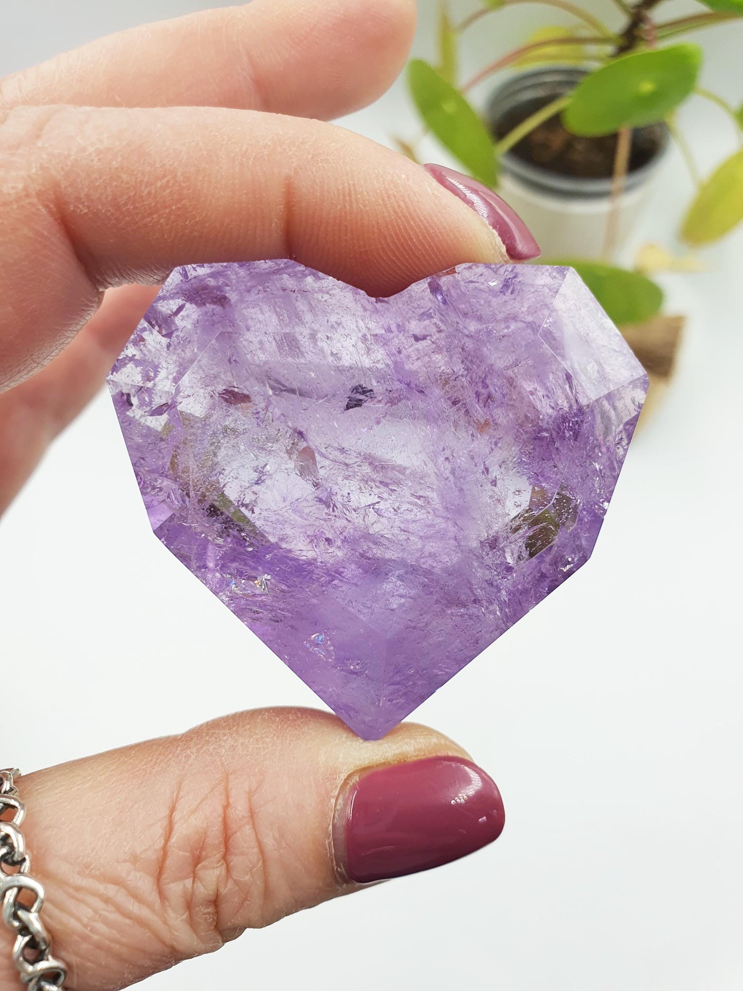 Large Beautiful Faceted Amethyst Puff Heart with rainbows / Amethyst Heart / Crystal Heart - 75g