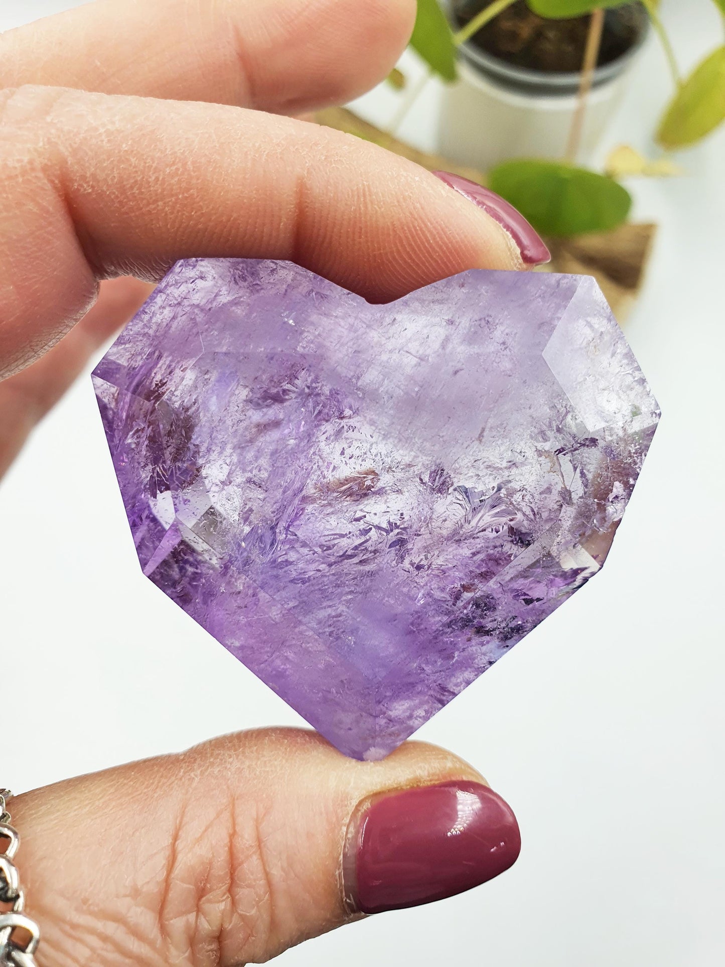 Large Beautiful Faceted Amethyst Puff Heart with rainbows / Amethyst Heart / Crystal Heart - 75g