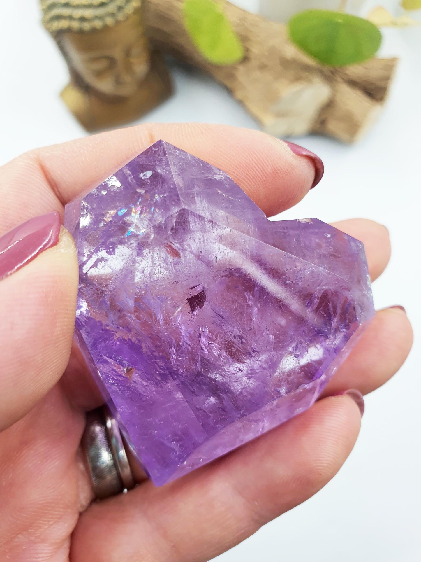 Large Beautiful Faceted Amethyst Puff Heart with rainbows / Amethyst Heart / Crystal Heart - 75g