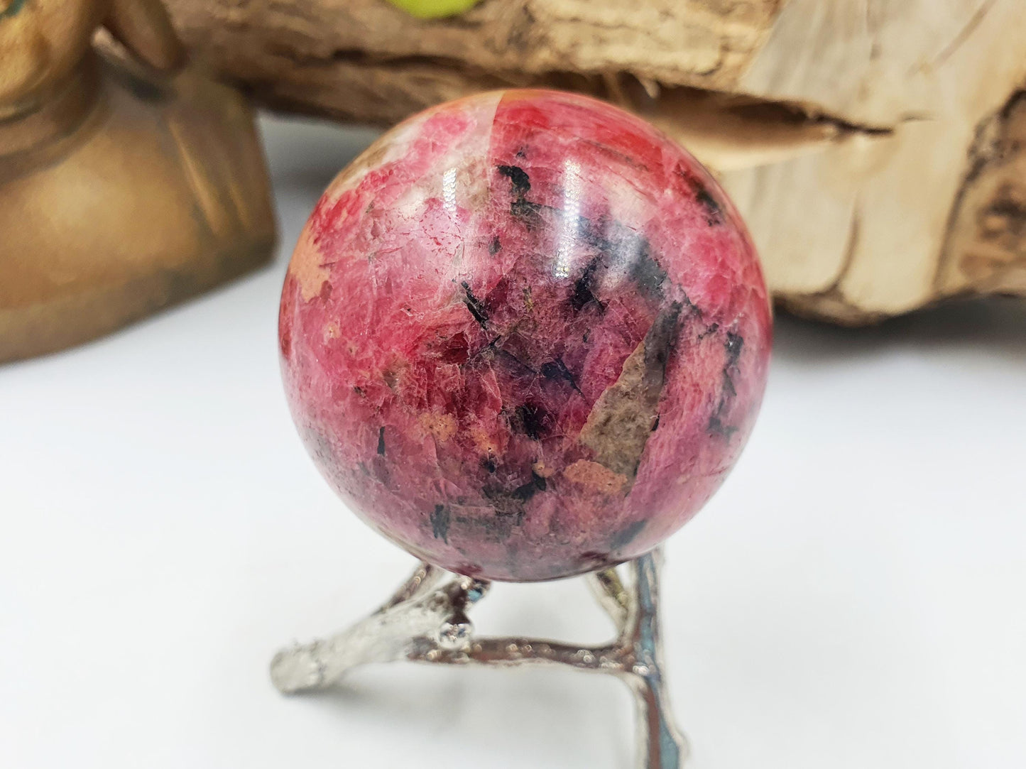 Beautiful Flashy Rhodonite, Tourmaline & Quartz Sphere / High Grade Rhodonite Ball / Rhodonite Crystal Orb - 48mm