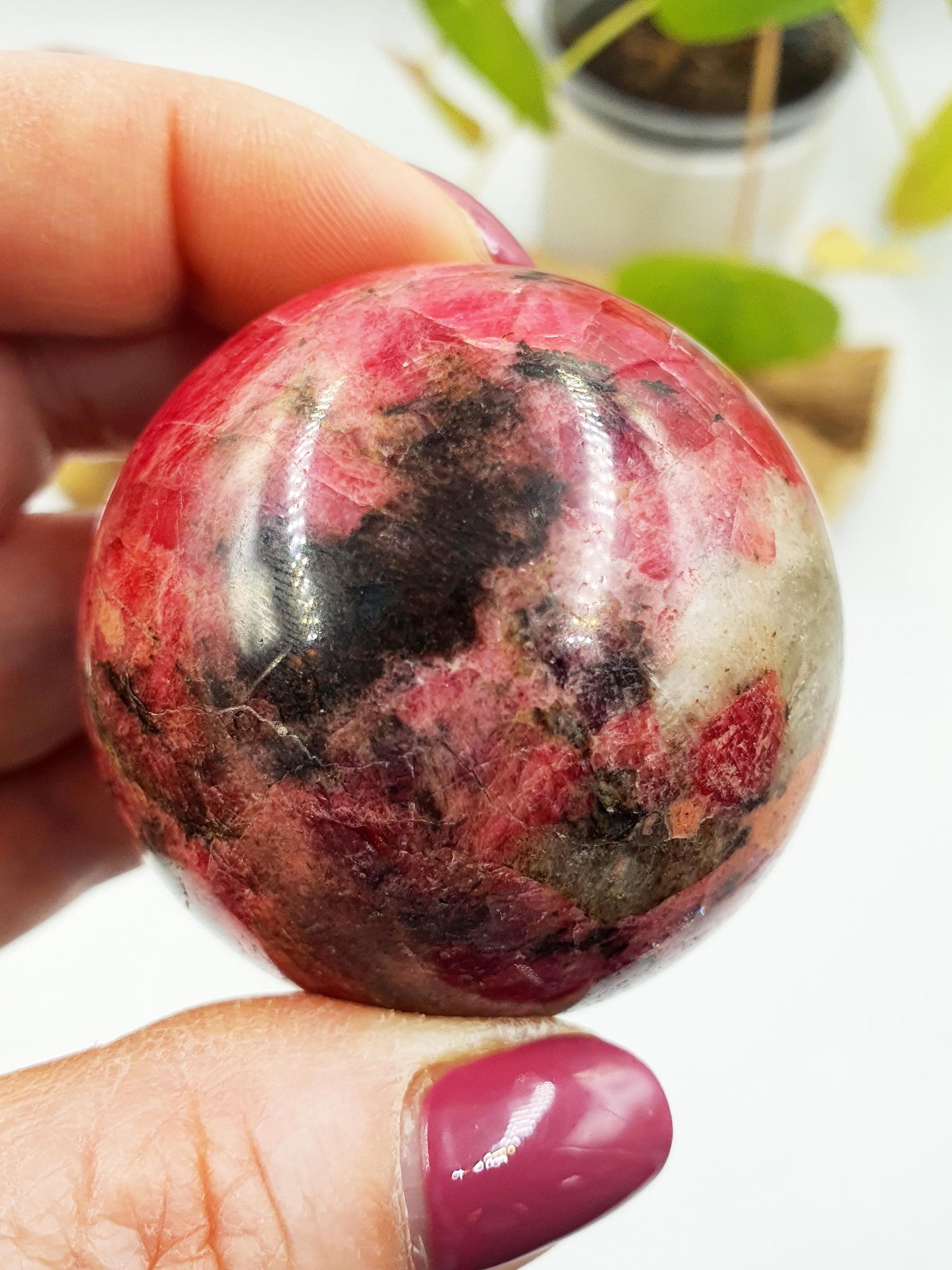 Beautiful Flashy Rhodonite, Tourmaline & Quartz Sphere / High Grade Rhodonite Ball / Rhodonite Crystal Orb - 48mm