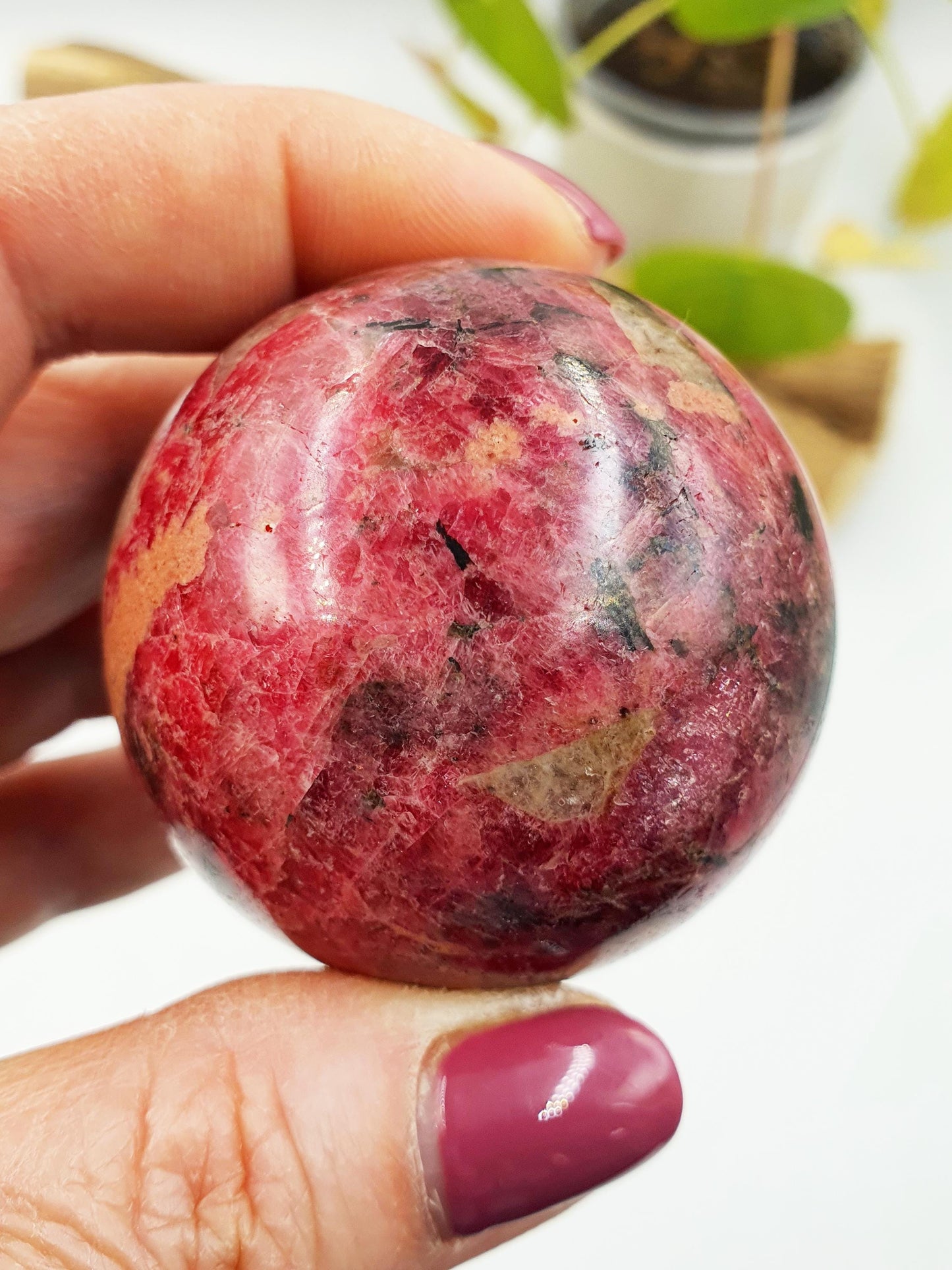 Beautiful Flashy Rhodonite, Tourmaline & Quartz Sphere / High Grade Rhodonite Ball / Rhodonite Crystal Orb - 48mm